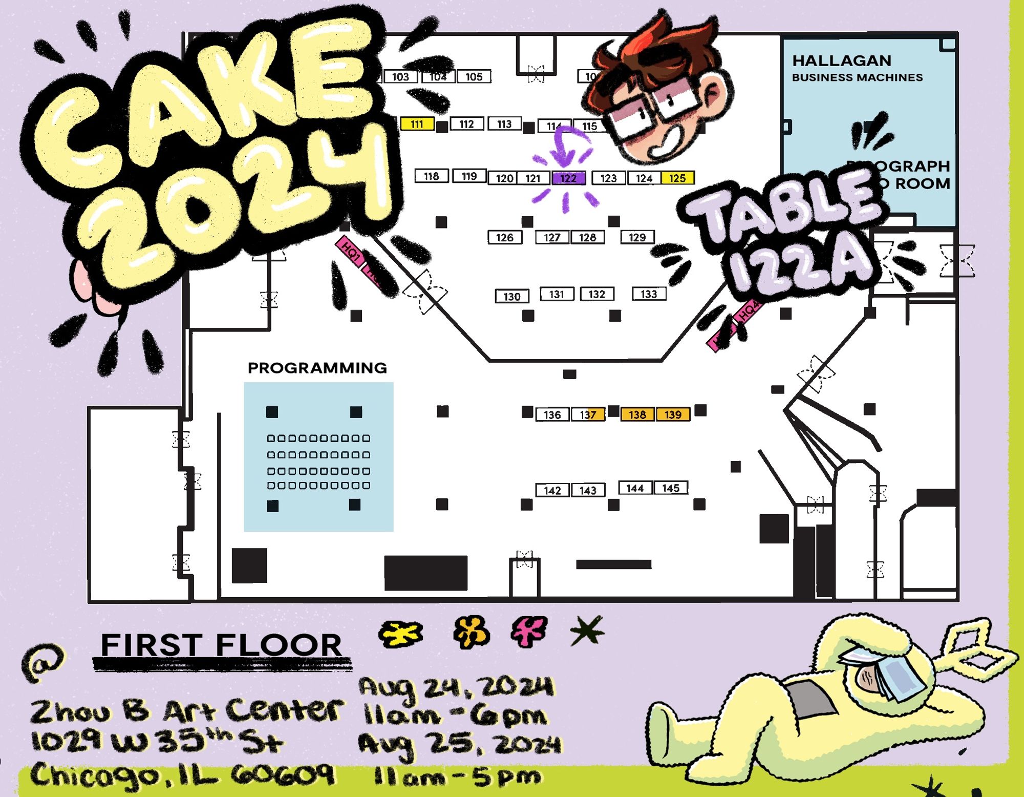 A map of the first floor of CAKE 2024, highlighting Table 122A with various fun lettering and illustrations.