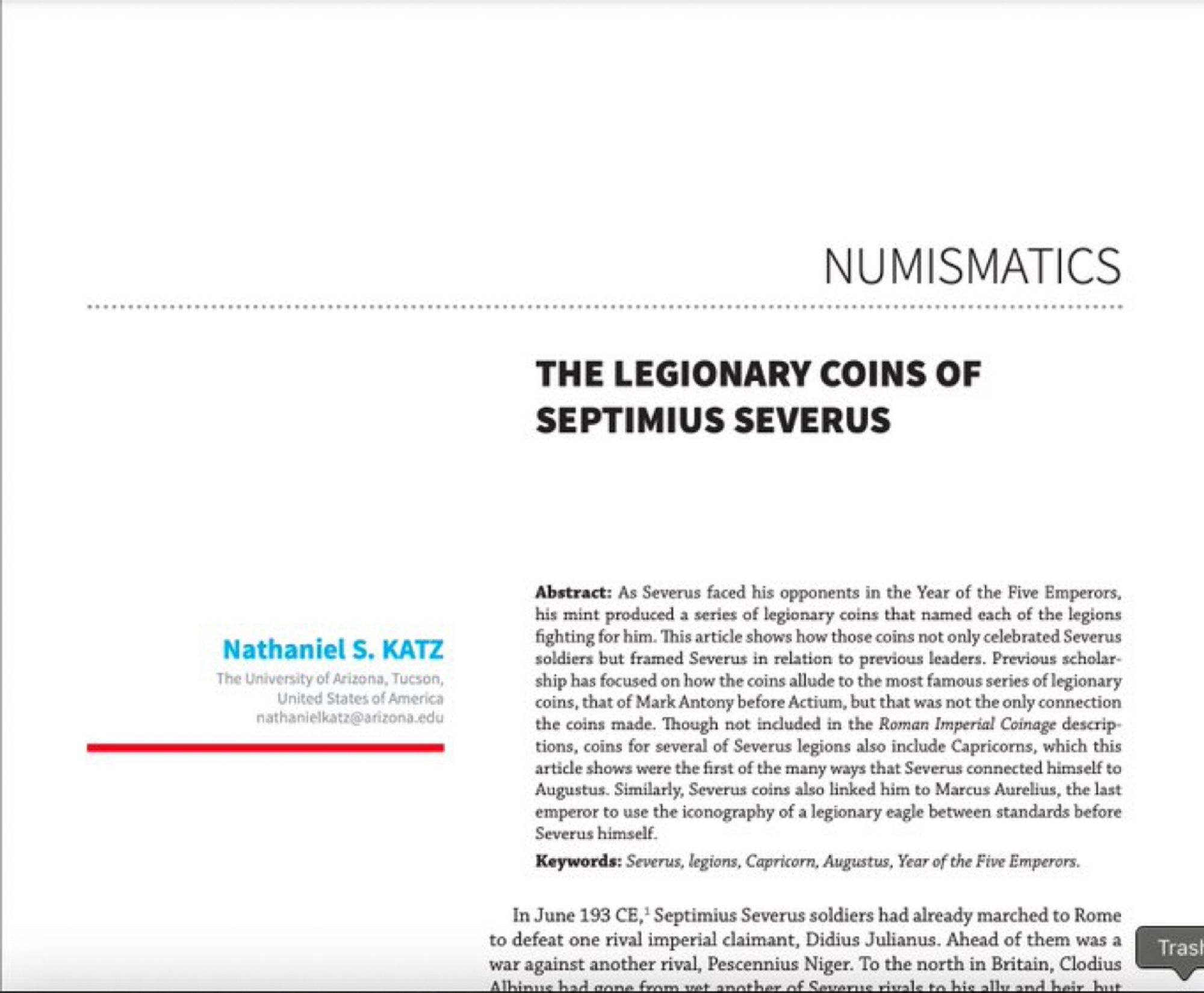 Page proofs for my upcoming article, “The Legionary Coins of Septimius Severus”