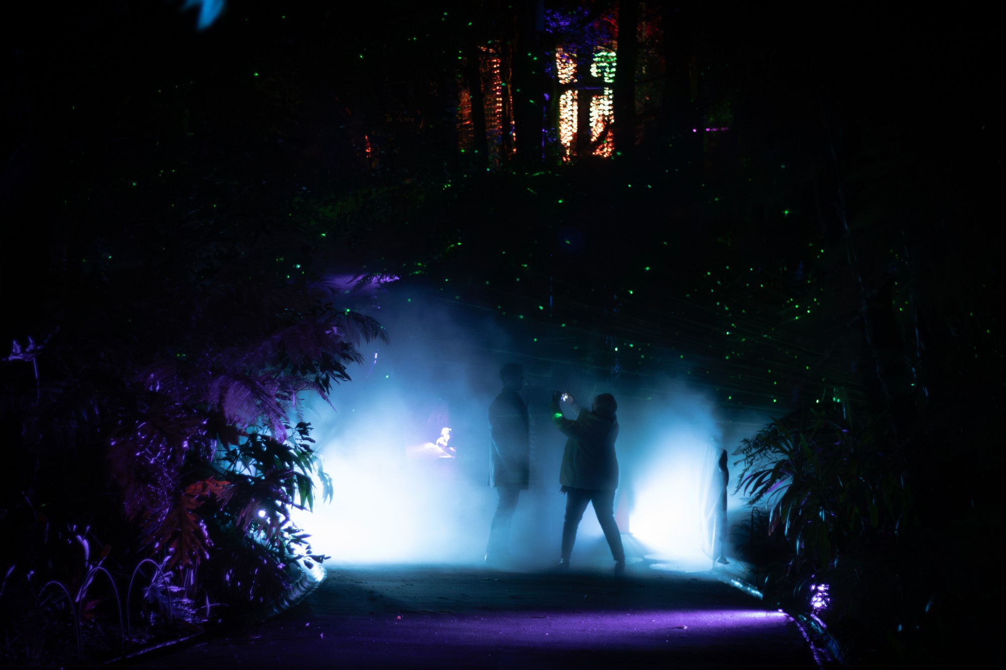 A photo of one person taking a portrait photo of another person in a foggy environment surrounded by lasers. The photographer is giving more Main Character Energy than the subject.