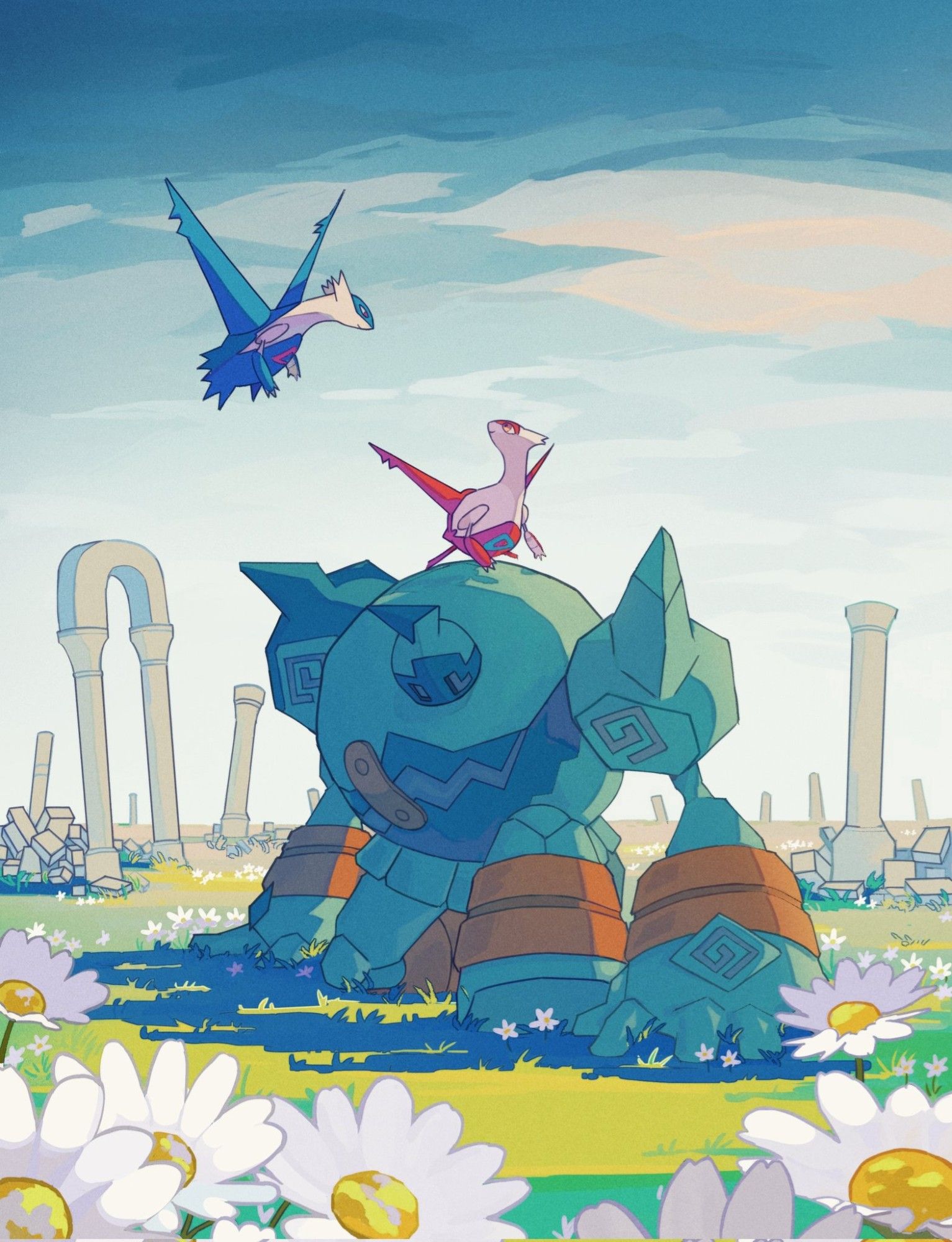 Latias and Latios flying around Golurk, surrounded by ruins. (pokemon illustration)