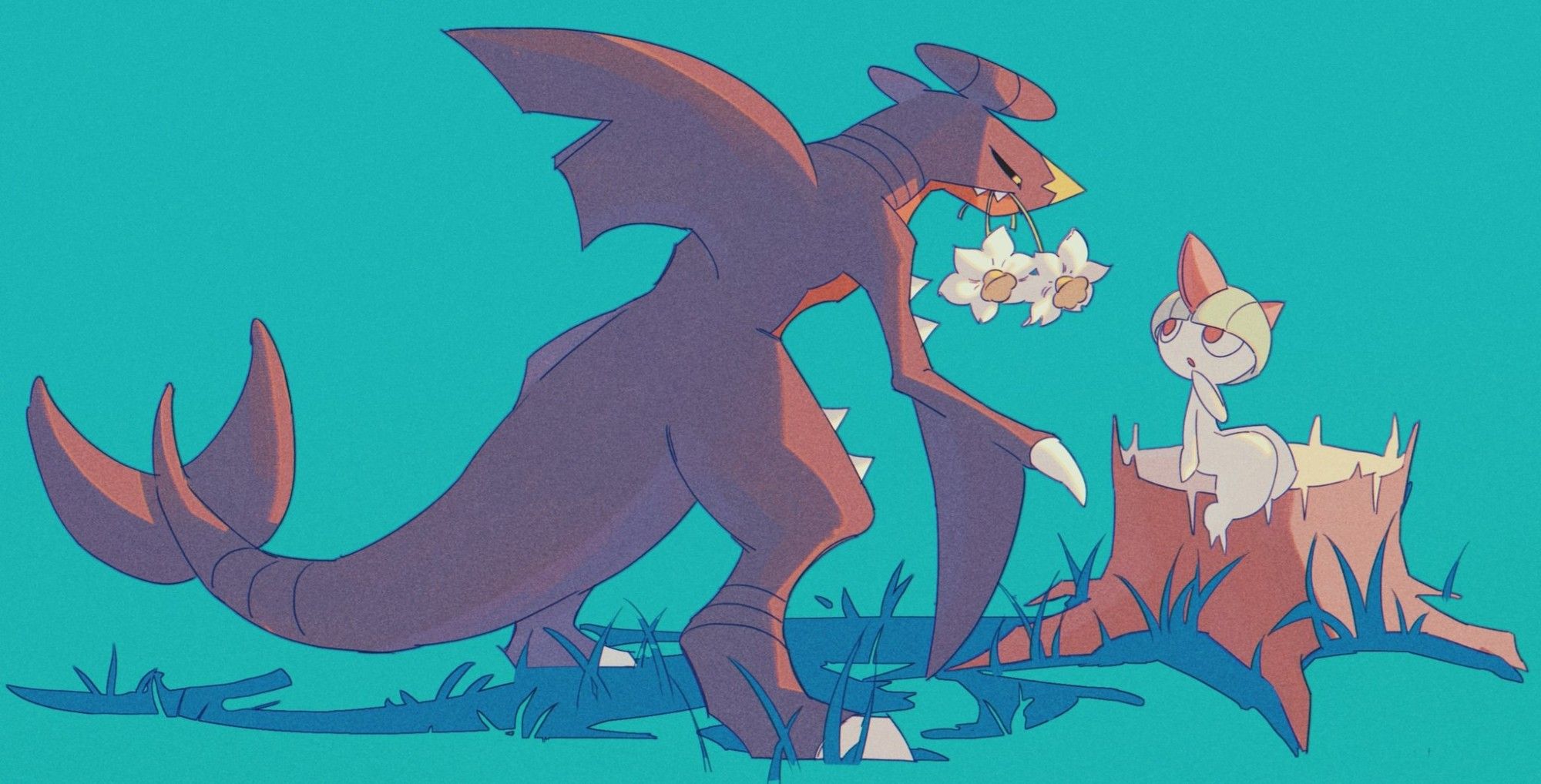 Garchomp gifting flowers to Ralts. [pokemon illustration]