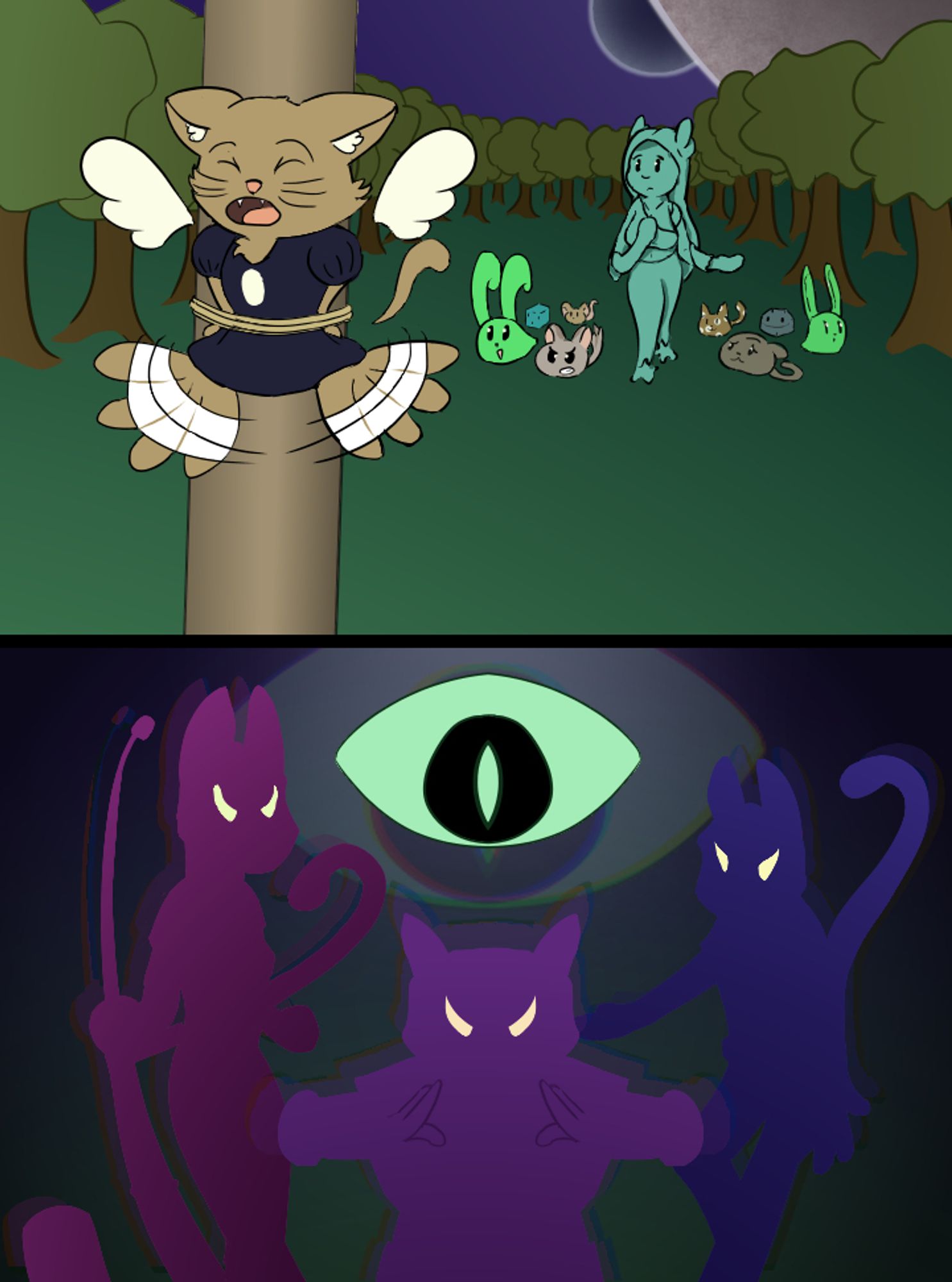 There are two photos. The top photo shows a slime girl amongst slimes finding a tiny brown cat with a floating tail and wings attached to a pole.

The bottom photo shows three dark silhouettes, ranging from violet to navy blue, as a massive ominous eye watches over them. I'm sure the story involves removing the eye's brainwashing over the three cat warrior-priestesses. Cait Sith the summon spirit (because I am 0% original) and the slime girl save them, I'm pretty sure.