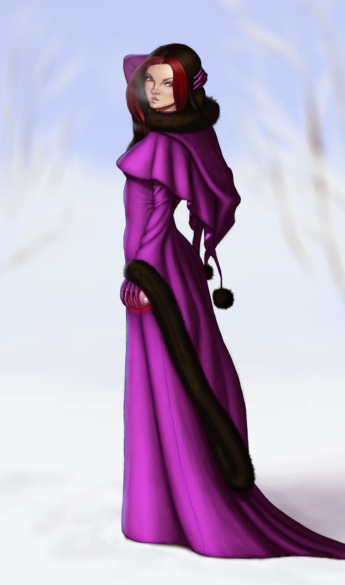 A full body picture of a woman wearing a purple winter dress