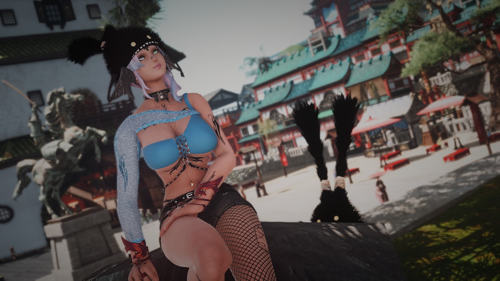 Sylari Vesper and spriggan Midna resting in the city of Kugane, mid day. Sylari sits on a rock under a tree in the aetheryte plaza, with Midna gazing up from the side. Sylari wearing a cleavage heavy top with lace stocking over her left arm, light blue in color, and booty shorts with one ripped fishnet stocking on the right leg, and a black leather chocker with a silver bell on it, as well as standard spriggan hat.