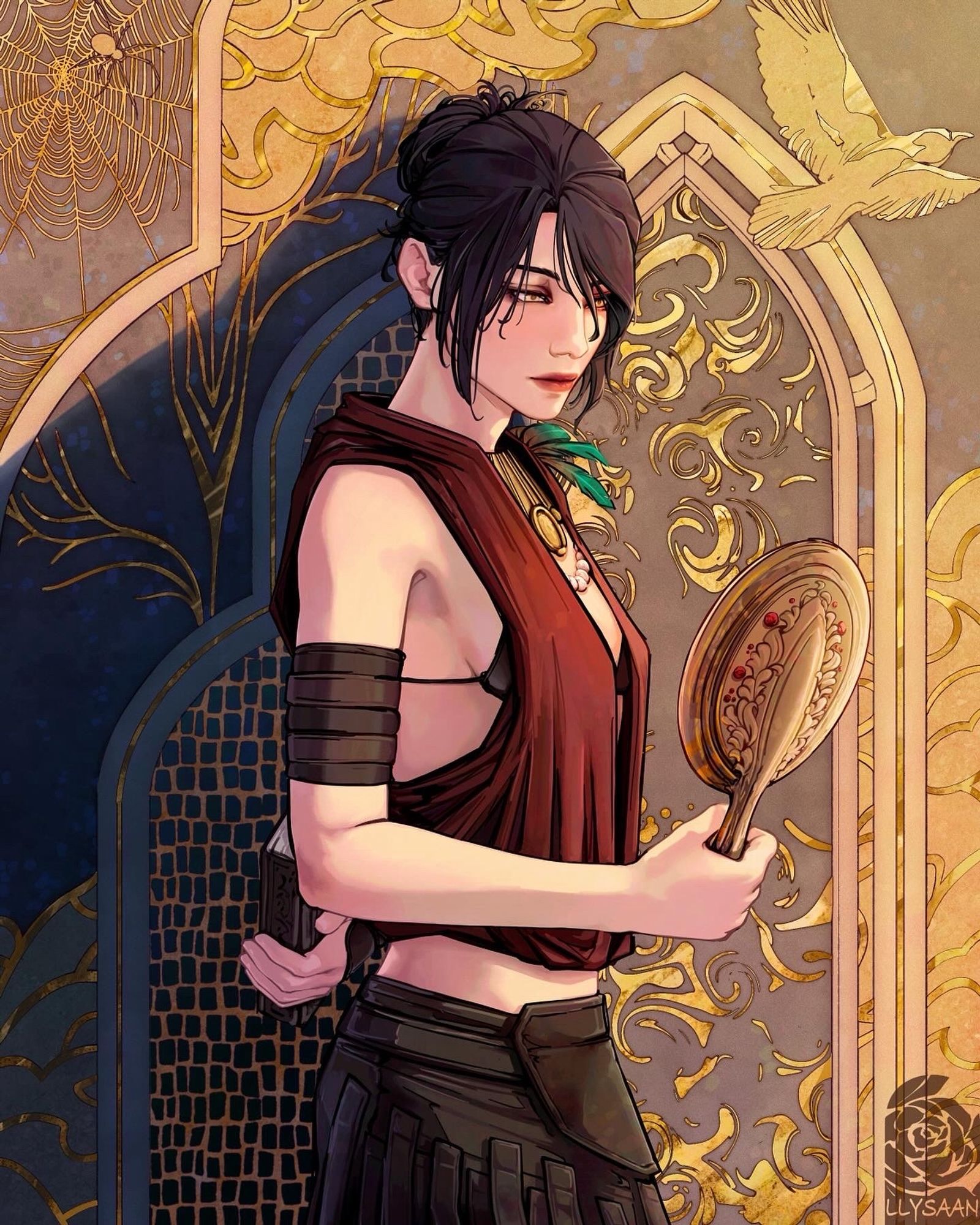 Morrigan standing in front of a large mosaic mural, holding her mirror and grimoire