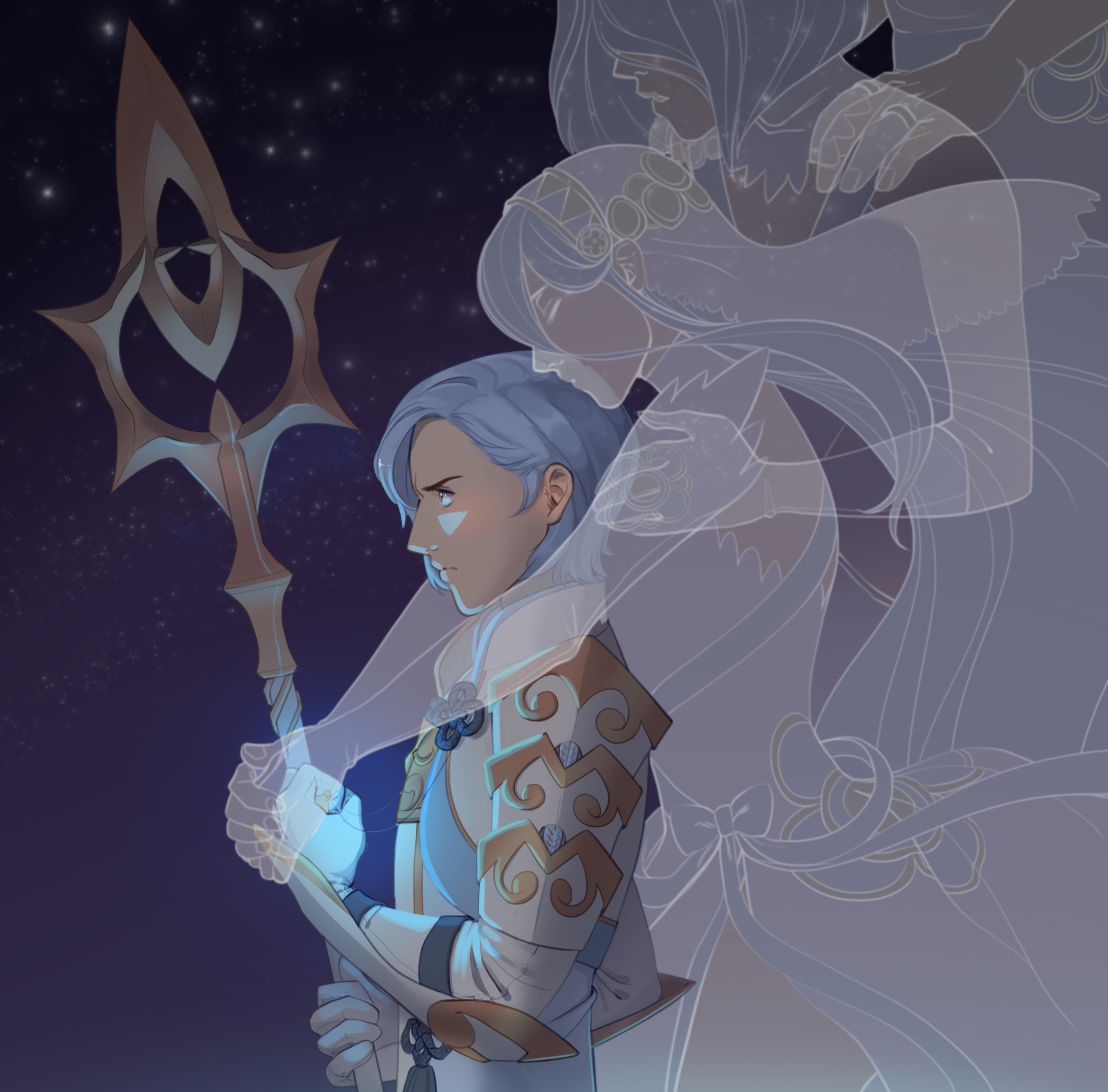 An illustration of Shigure from Fire Emblem: Fates. He is holding the blessed lance in one hand and clutching Azura's amulet in the other. The spirit of Azura is embracing him from behind. Arete holds Azura's shoulders from behind, and Arete's father, mostly out of frame, holds her shoulders in turn. The chain of Vallite royalty giving Shigure their support continues on.