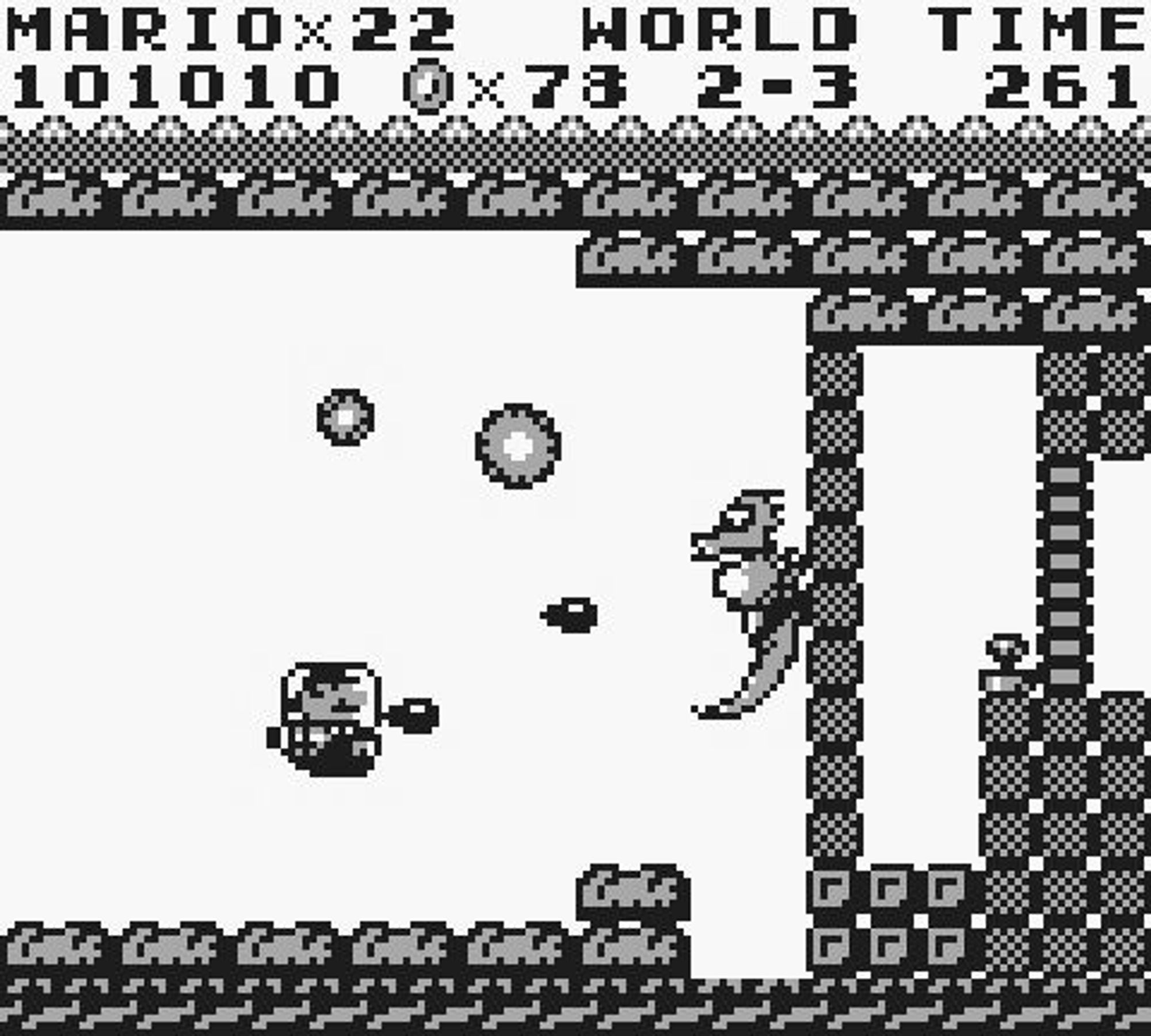 mario in super mario land in his little submarine absolutely wasting a seahorse