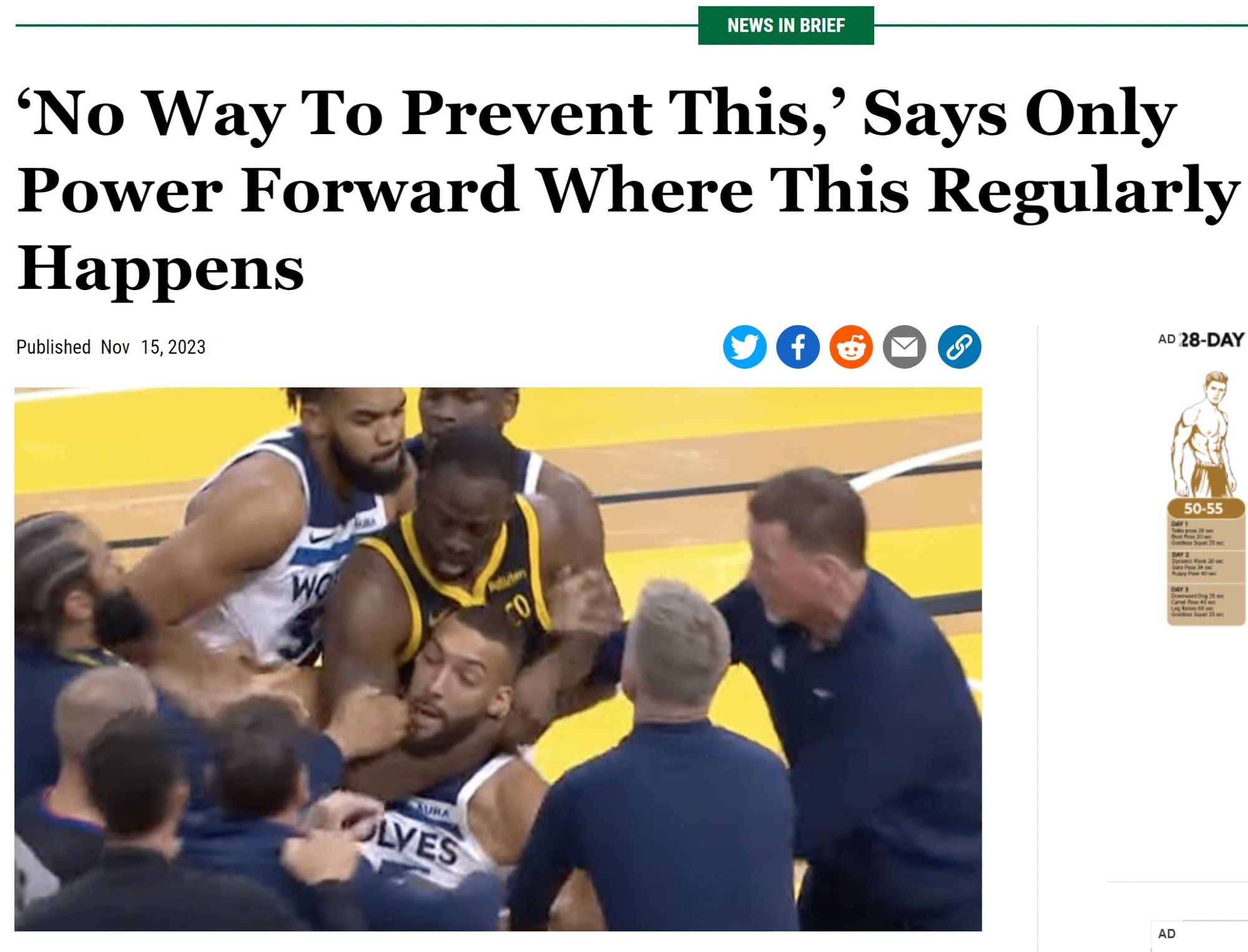 Onion headline edited to say "‘No Way To Prevent This,’ Says Only Power Forward Where This Regularly Happens" with photo of Draymond Green choking Rudy Gobert