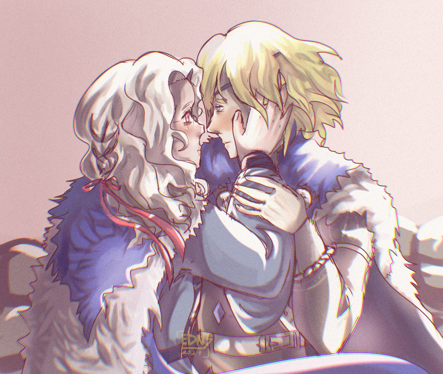 Digital illustration in muted pinkish colors of Dimitri from Fire Emblem Three Houses and a fancharacter Cyrus. They are dressed in fluffy capes and fancy clothes. They look each other in the eyes as Cyrus holds Dimitri's face in his hands, and Dimitri places his hand on Cyrus's arm.