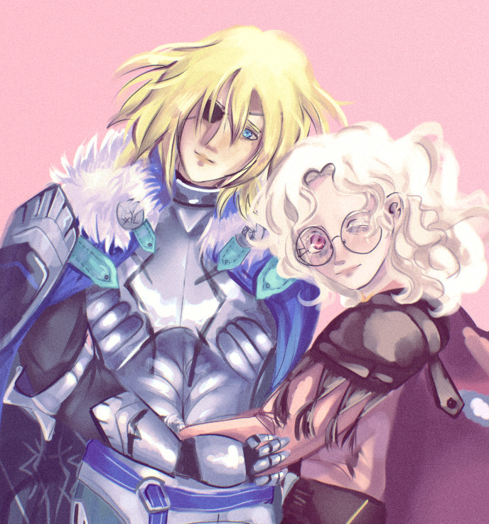 Digital painting of Dimitri from Fire Emblem Three Houses and a fancharacter Cyrus in brighter pinkish tones. They stand together, hugging and looking at the viewer. Cyrus is winking.