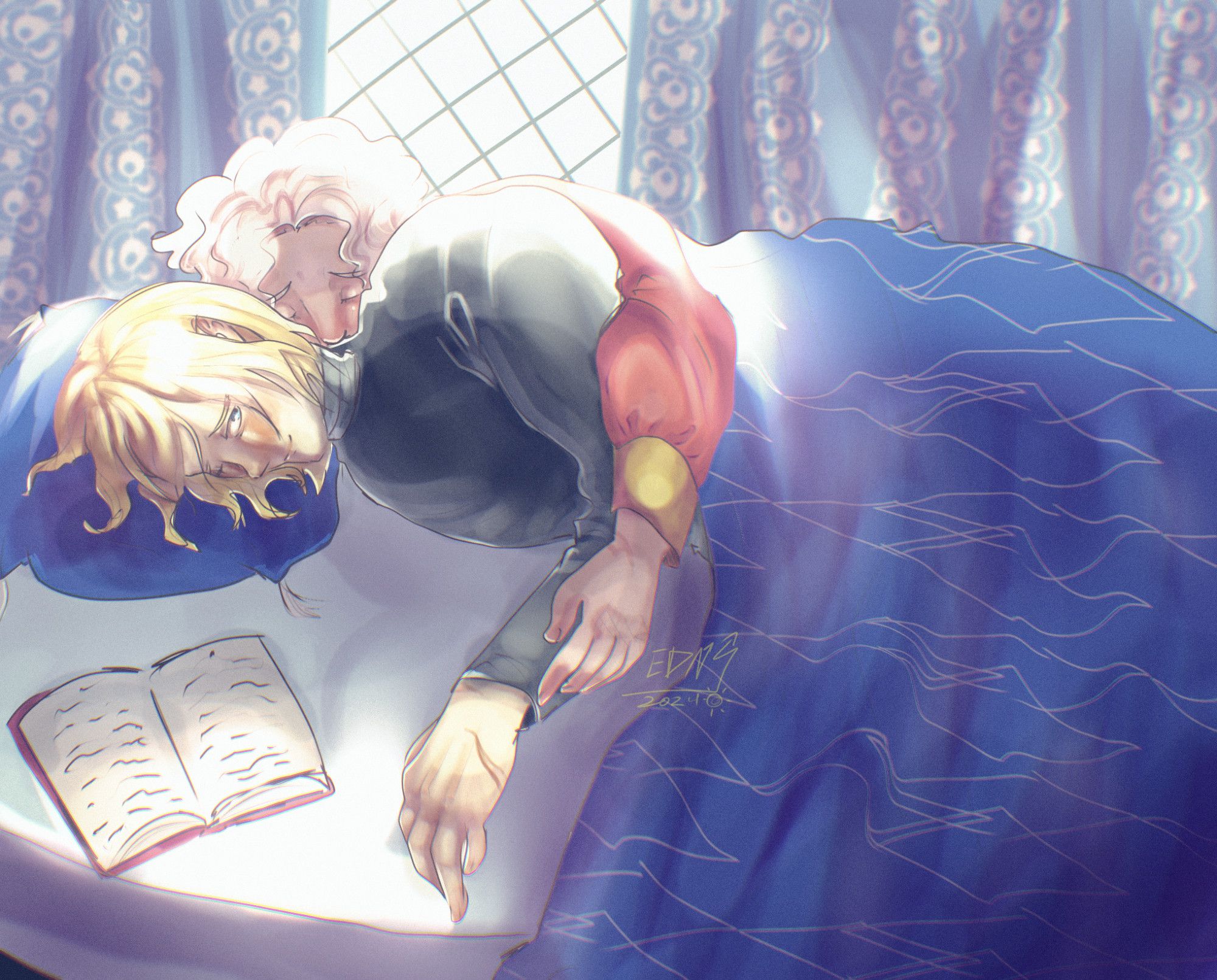 A digital illustration of Dimitri from Fire Emblem Three Houses and Cyrus, my fancharacter. They are in bed cuddling together as the sun shines at them from a window with barely open curtains. A book is laying next to Dimitri, implying he was just reading. Dimitri looks at Cyrus lovingly, and Cyrus is asleep.