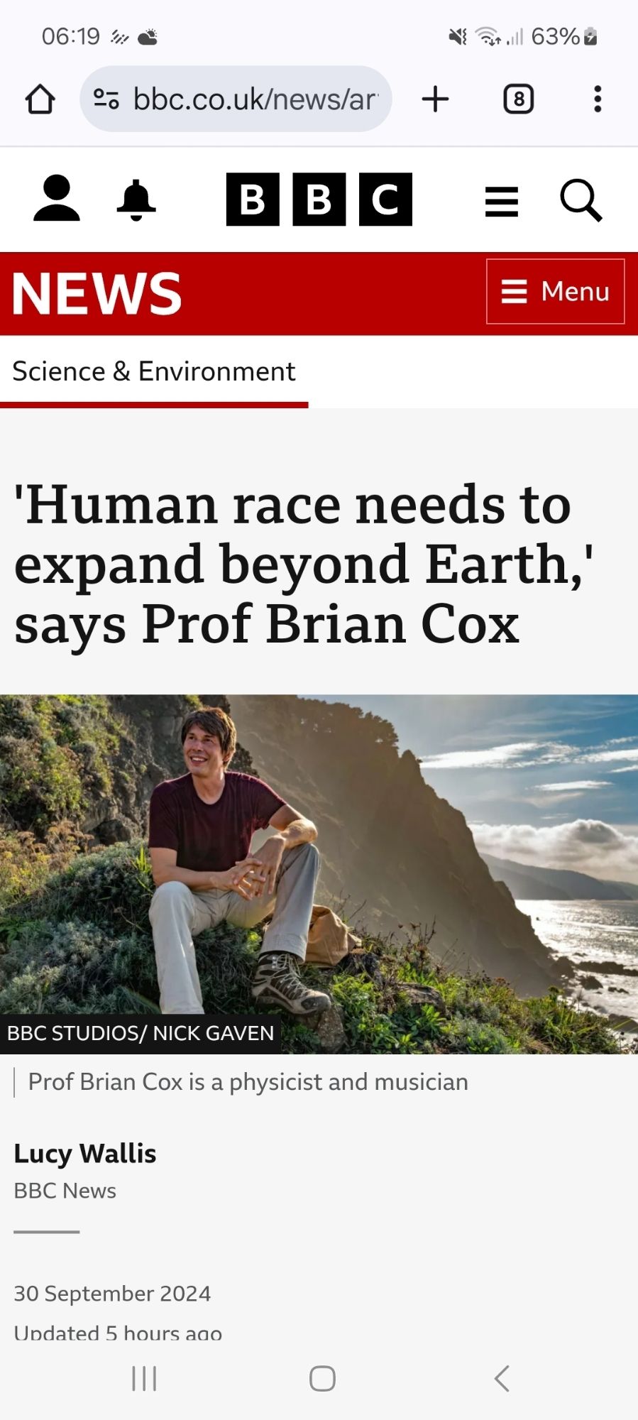 BBC news, "'Human race needs to expand beyond Earth' says Prof Brian Cox"