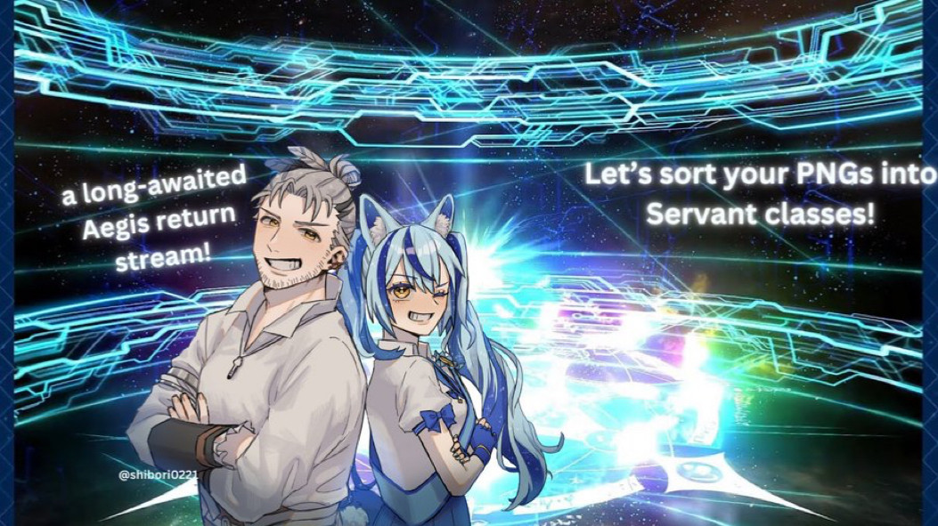 Art by shibori0221, Laika and Aegis back to back on a FGO summoning screen