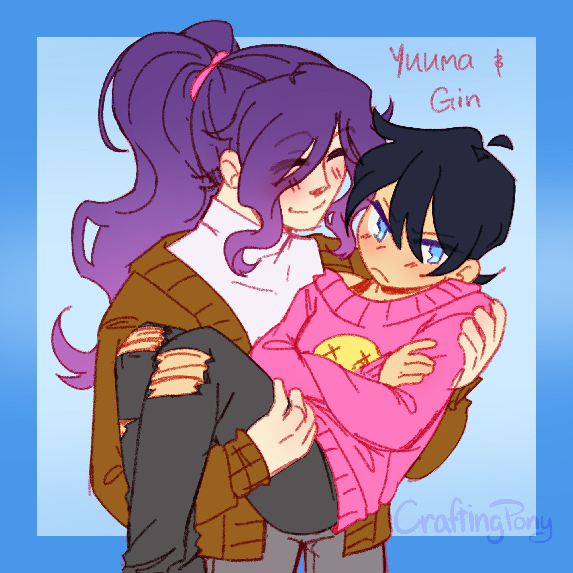 Craftingpony’s original characters, Yuuma and Gin. Yuuma has long dark purple hair, a white turtle neck, a brown cardigan, and grey pants. Gin has short dark black-blue hair, blue eyes, bright pink sweater with a yellow emoji on the front, and black ripped pants. Yuuma, smiling, is carrying Gin princess-carry style and Gin is looking away with a pout.