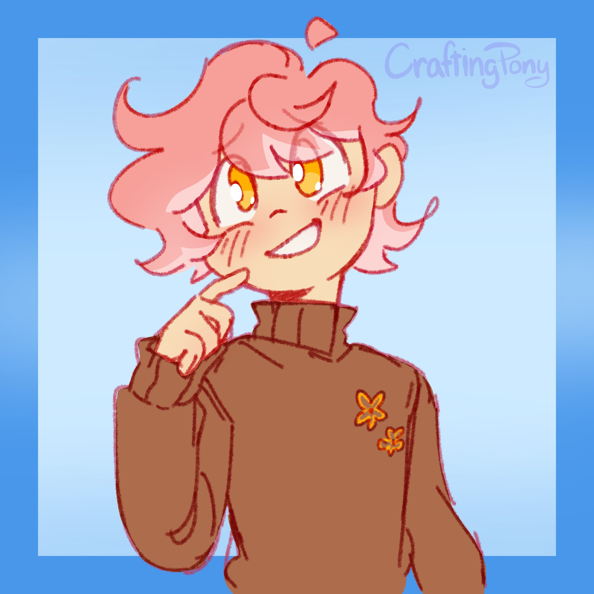 Craftingpony’s original character, Pastel. He has short pastel pink hair, a brown sweater with two small yellow flowers on the front, his right hand pointing at his face, and he’s smiling.