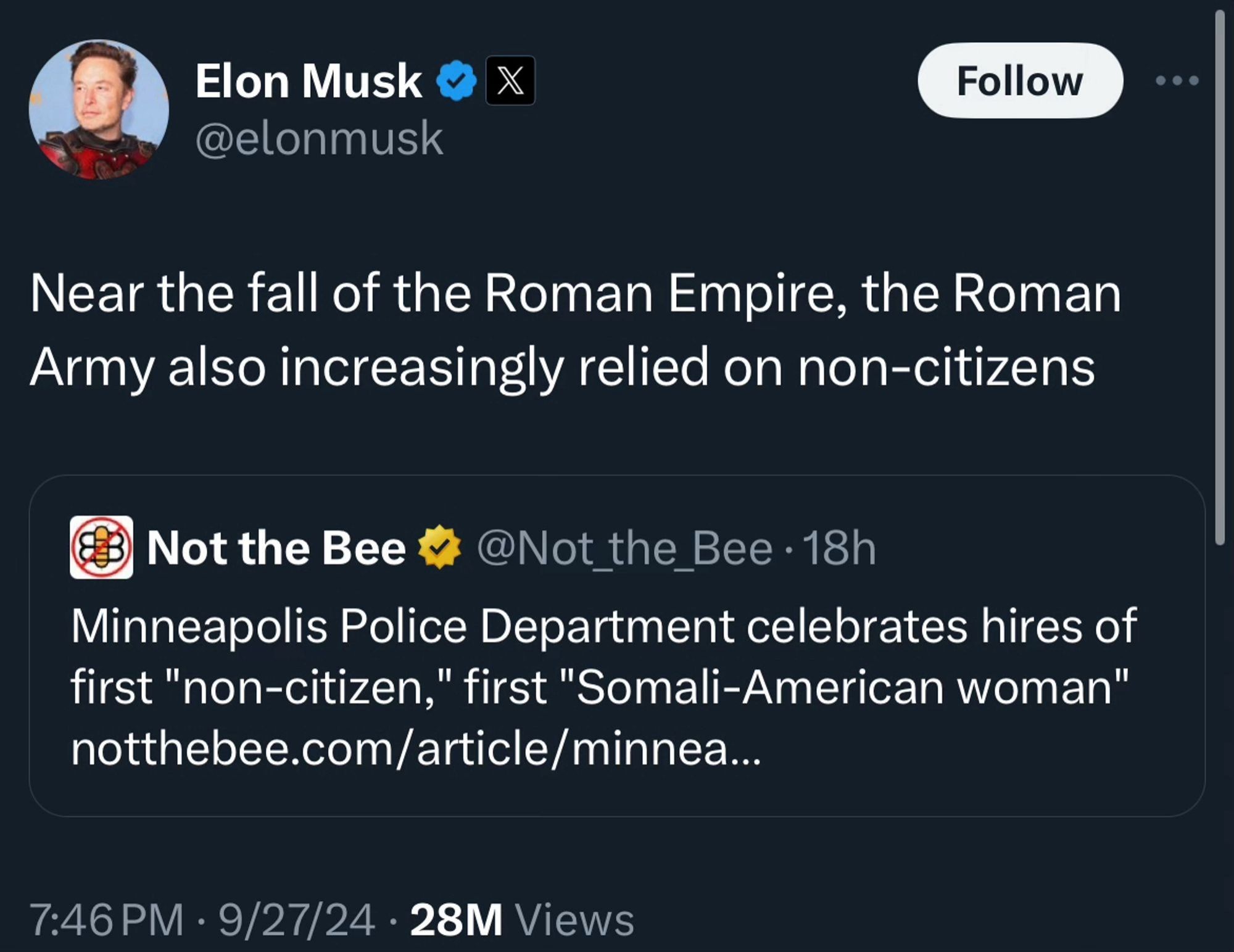 Racist Musk post about immigrants and Rome