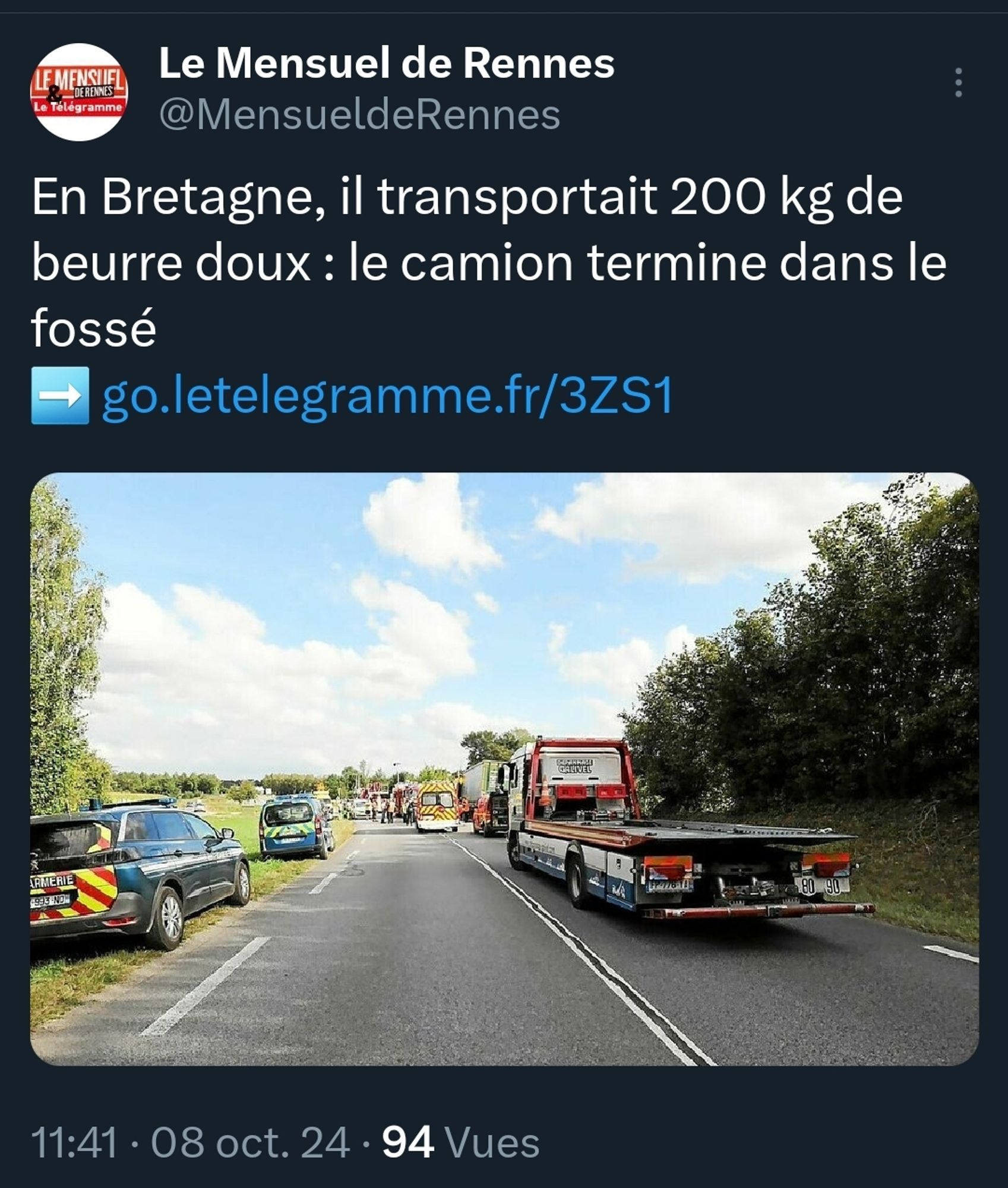 Article du Mensuel de Rennes : "En Bretagne, il transportait 200 kg de beurre doux : le camion termine dans le fossé"