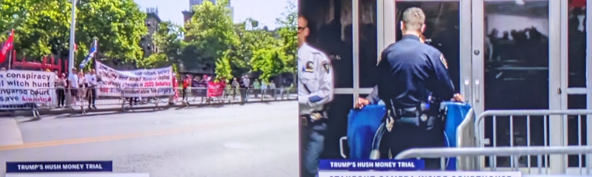 A shot of outside and inside the court waiting for defendant Trump to arrive. Donald claims to have an army of supporters but there's aprrox 30 people there.