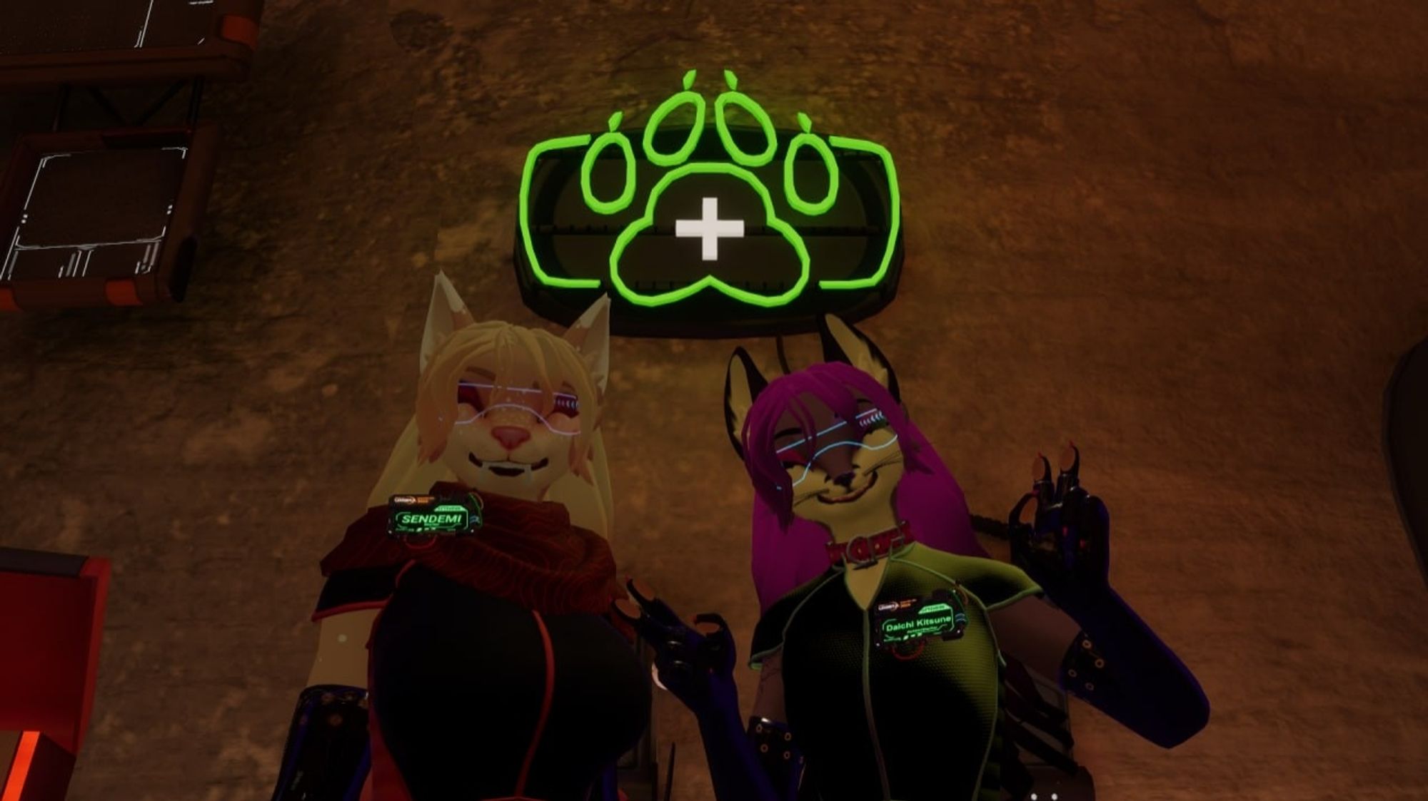 Canine and fox femme avatars smiling at Furality umbra