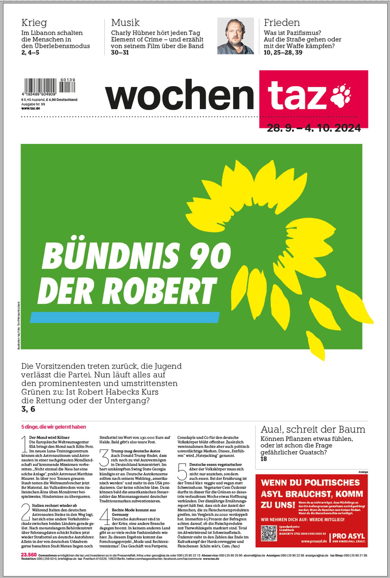 Titelseite der wochentaz: „Bündnis 90, der robert“, mit einer gerupften Sonnenblume