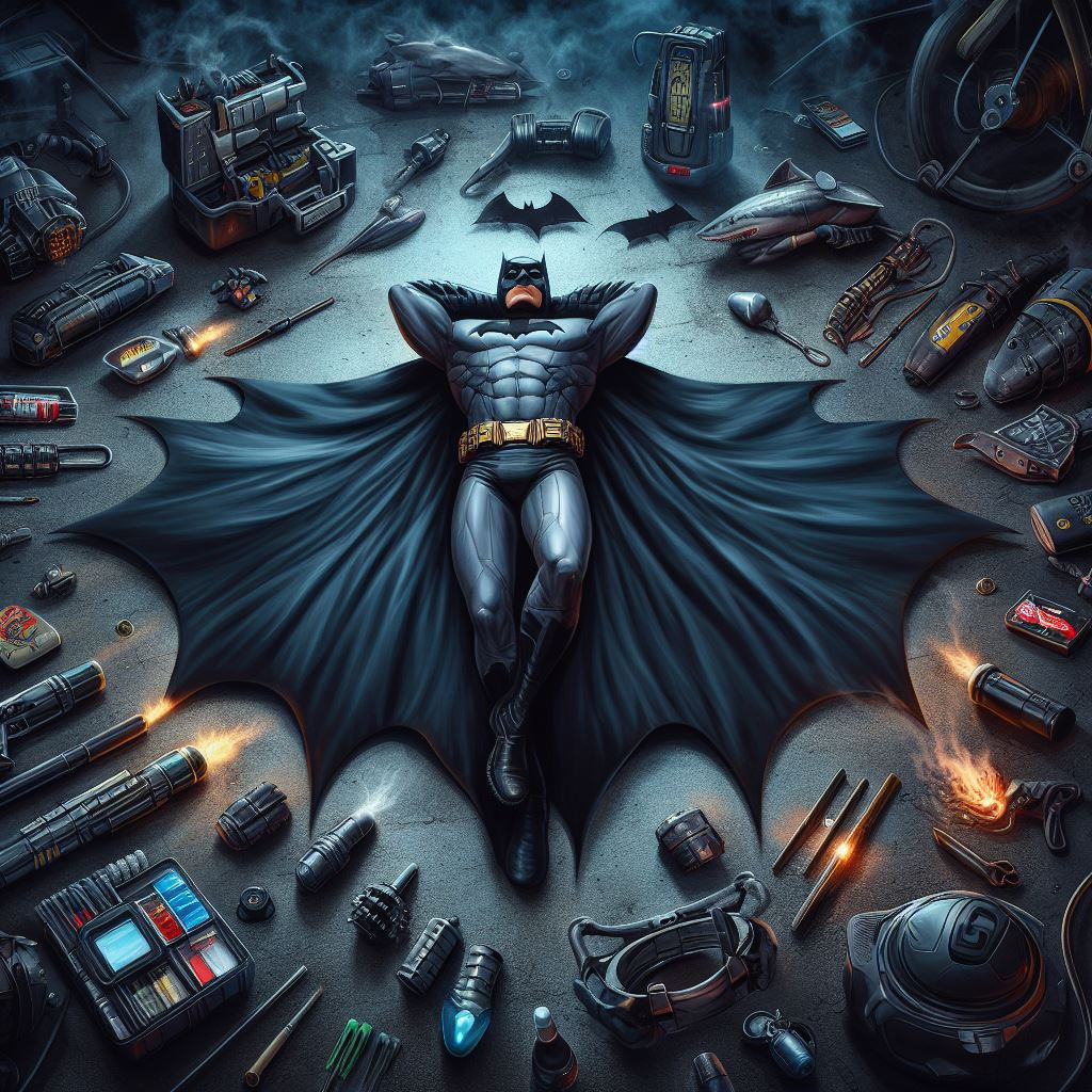 Image générée par L'IA. Le Prompt est : "Batman lying on his back surrounded by all his gadgets"