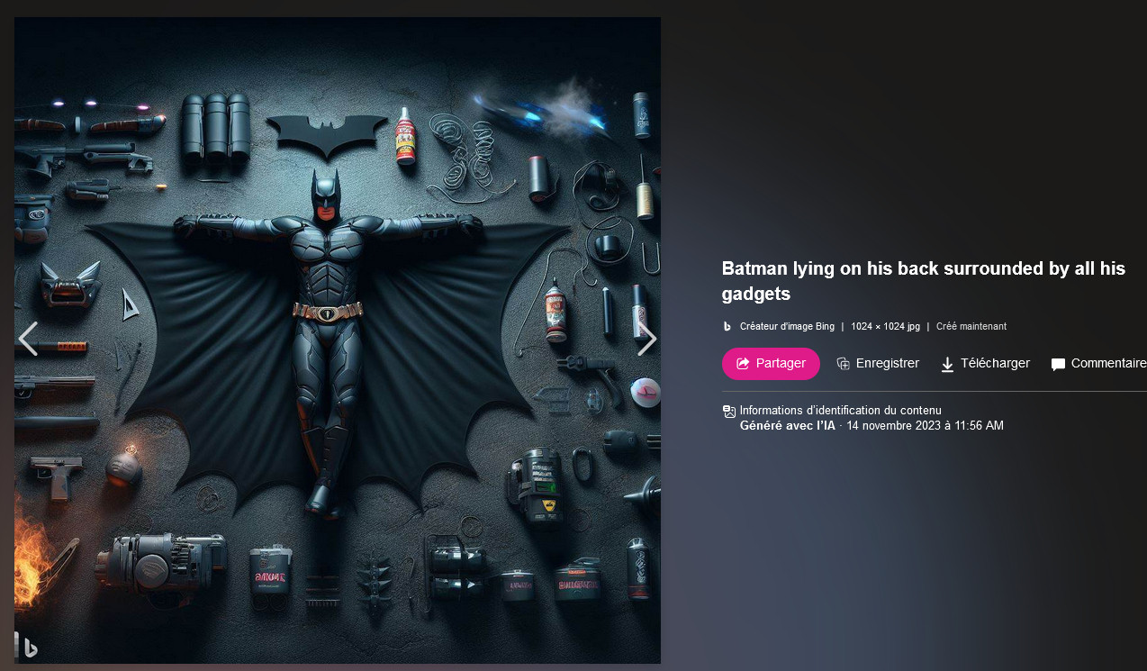 Image générée par L'IA. Le Prompt est : "Batman lying on his back surrounded by all his gadgets" et ça représente exactement ce que vous imaiginez