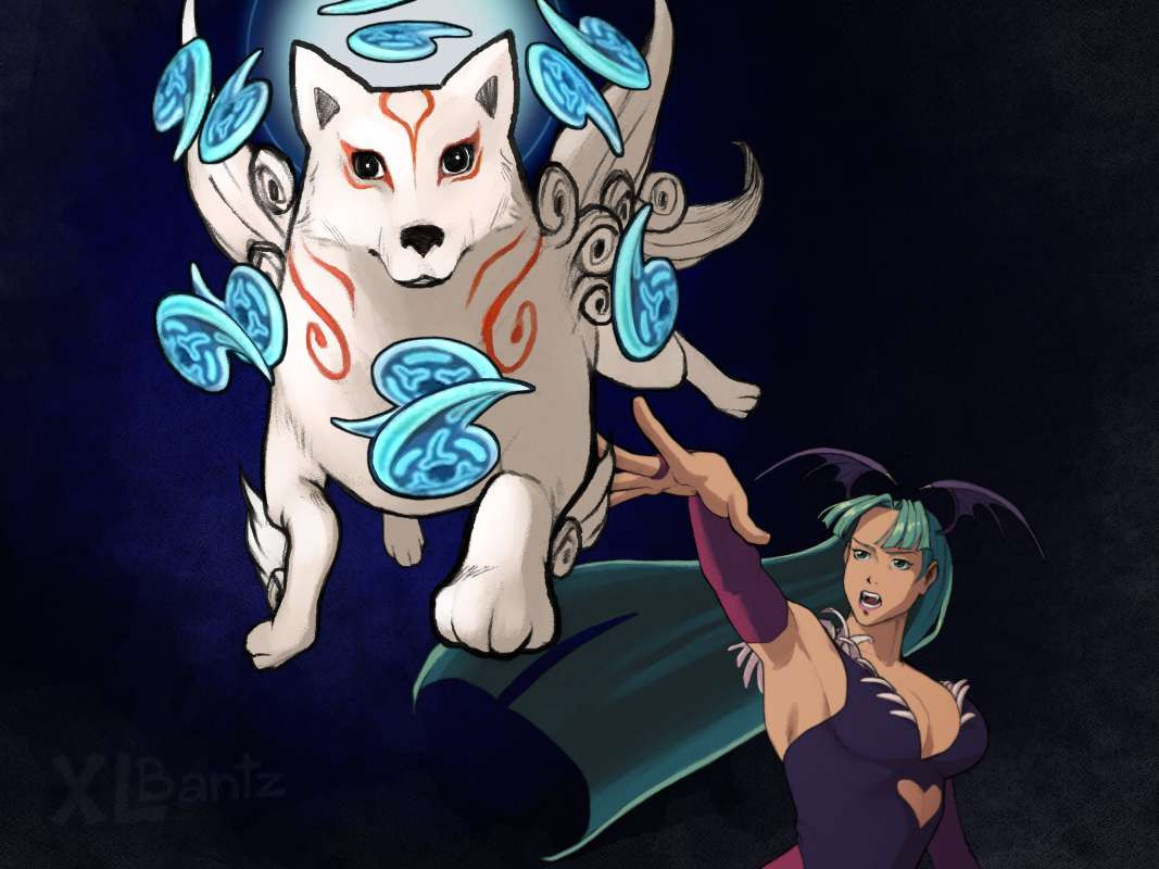 Morrigan (from Darkstalkers) stretching her arm towards Amaterasu (from Okami). Commanding her to lunge towards the viewer while looking surprised.