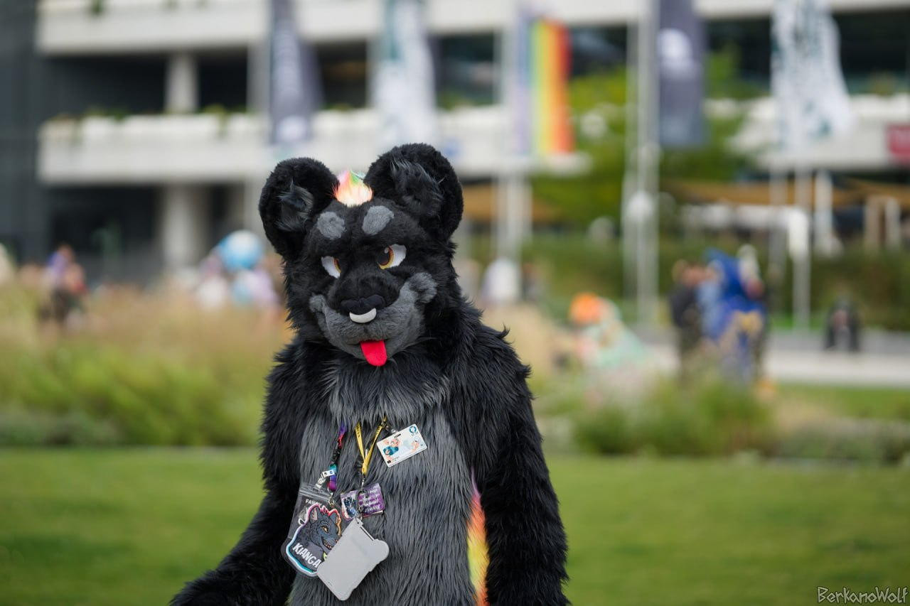 Photo of me in black jaguar fursuit on the plaza in front of the CCH during Eurofurence 28. I'm standing in front of a lawn, with the Eurofurence and Pride flags out of focus in the background.