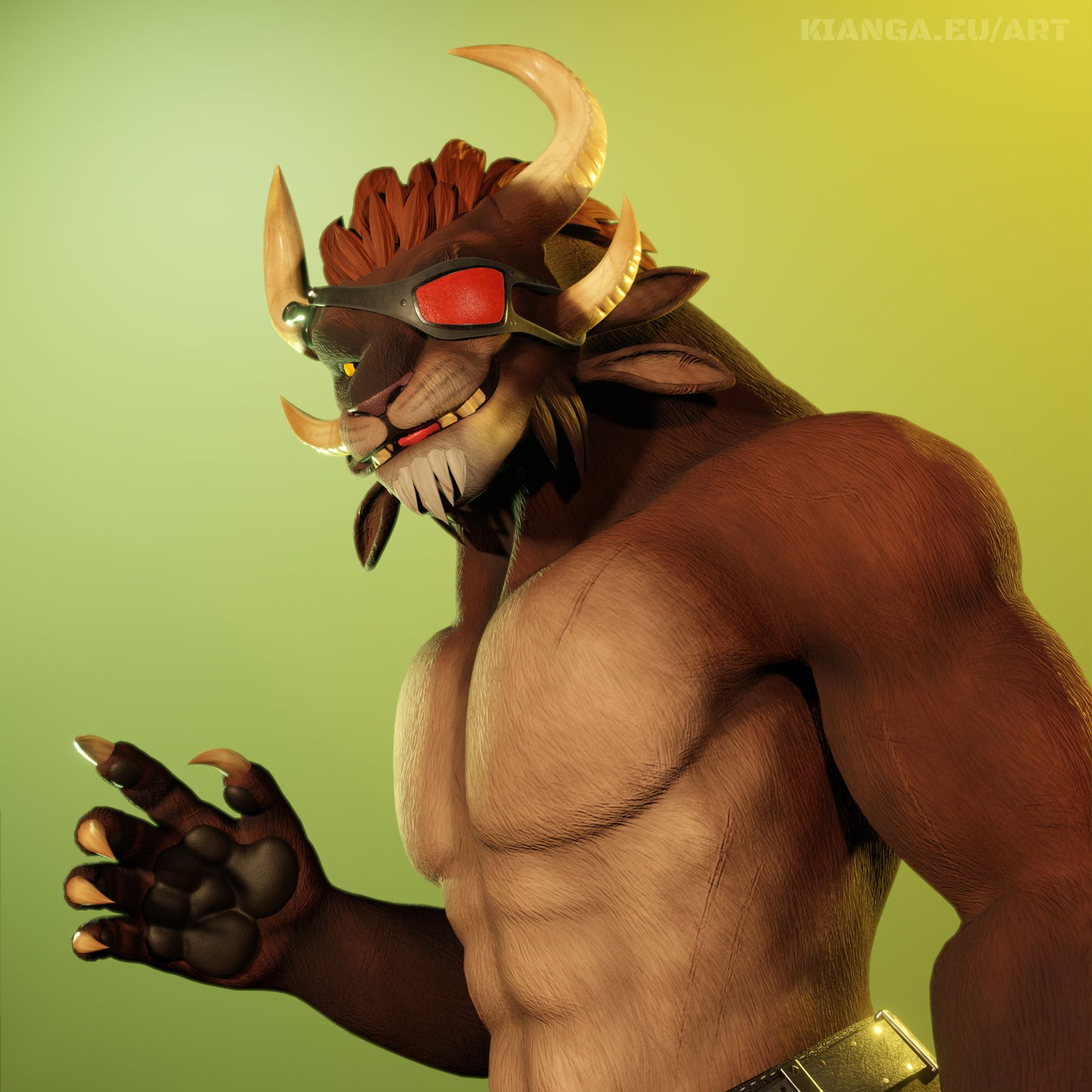 Waist-up 3D render of a shirtless male charr with brown fur and a red eye patch against a light green background. He's glancing at the viewer with his tongue sticking out and his right hand paw raised slightly.