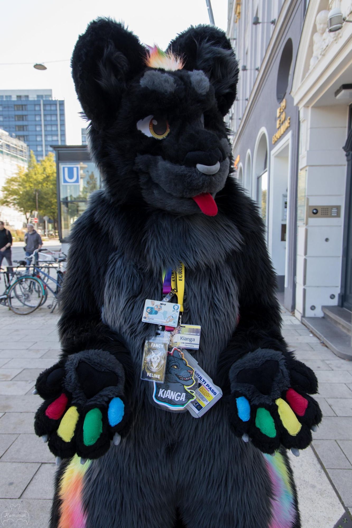 Photo of me in black jaguar fursuit in the city of Hamburg, arms lower but palms and paw pads facing up. Again same as the second photo, but from a slightly different angle. (Credit: Kamuniak)