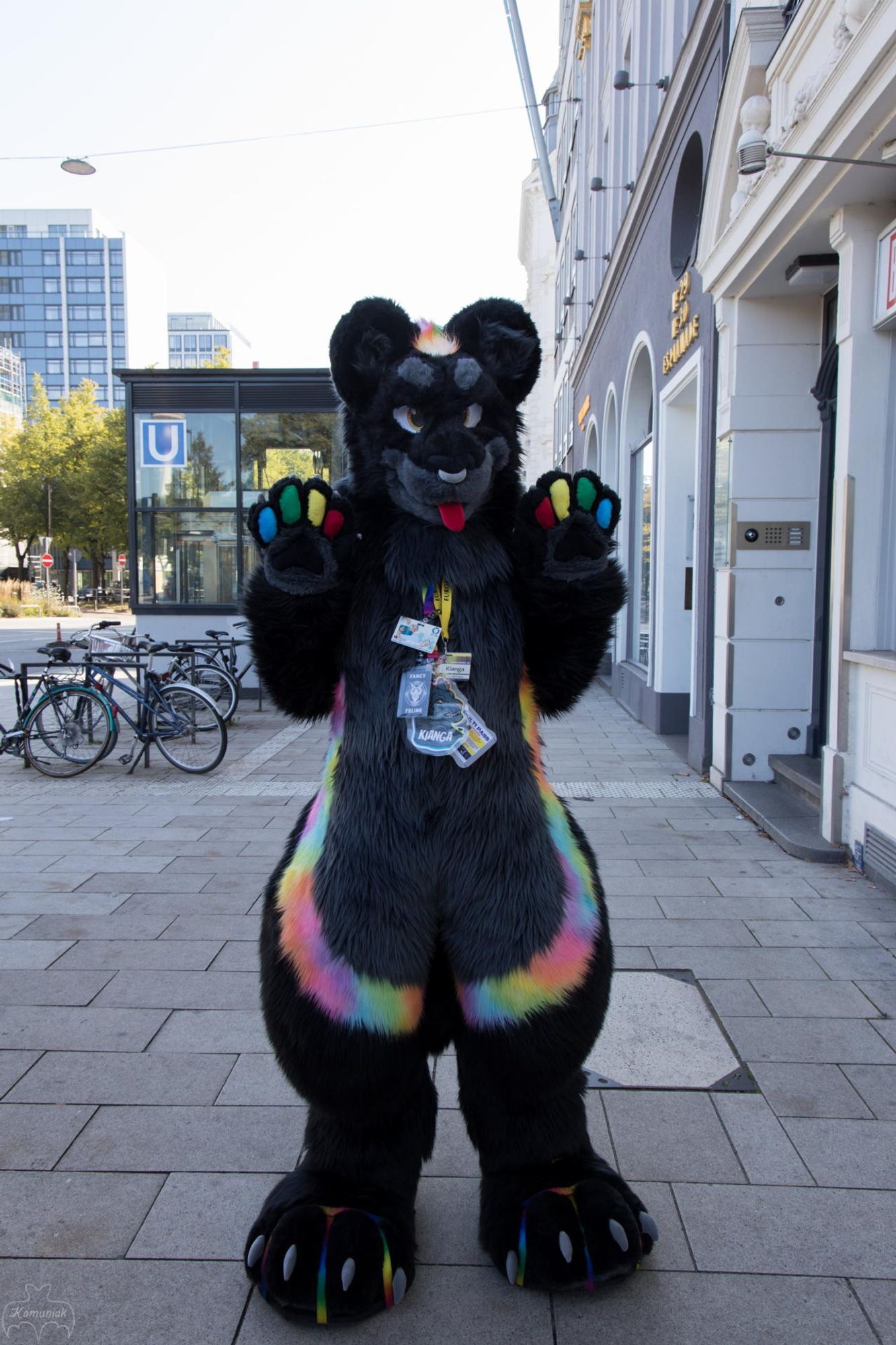 Photo of me in black jaguar fursuit in the city of Hamburg, paws held up showing colorful beans. Same as the first photo, but from a slightly different angle. (Credit: Kamuniak)