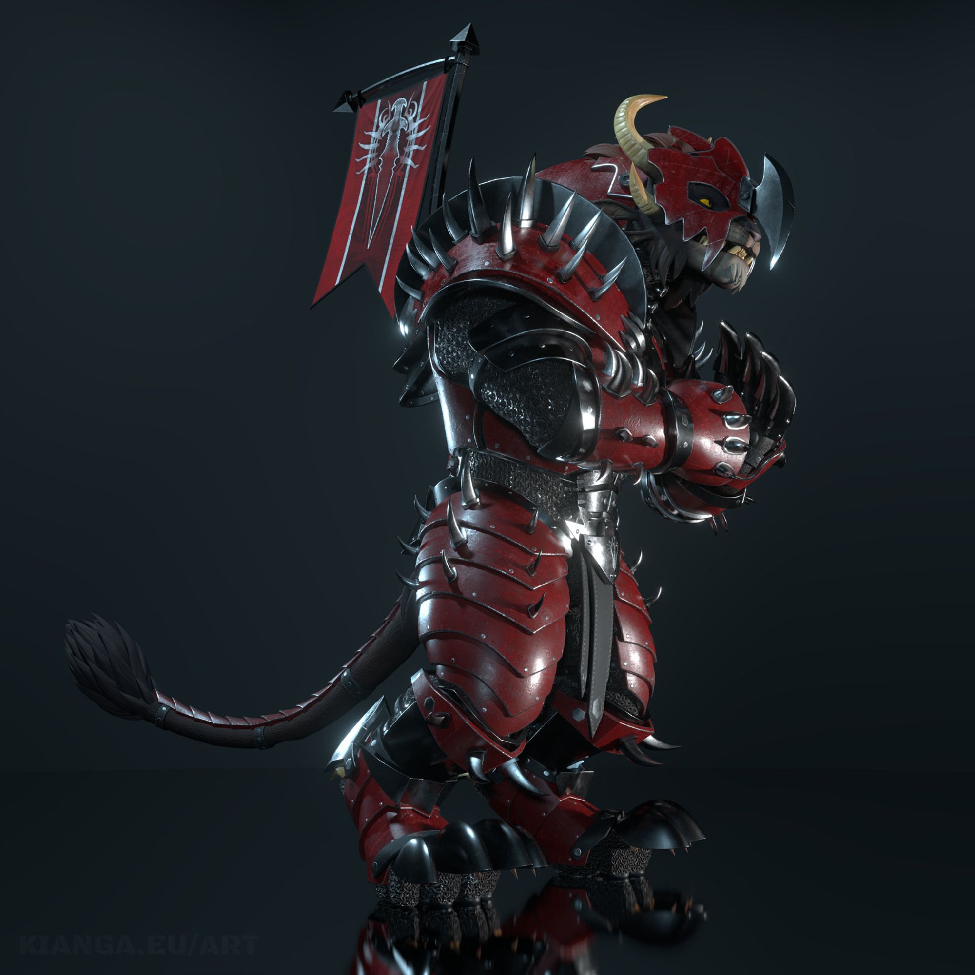 3D render of a charr with full steel Blood Legion armor against a dark gray background. He’s smashing his fists together as if things are about to get serious.