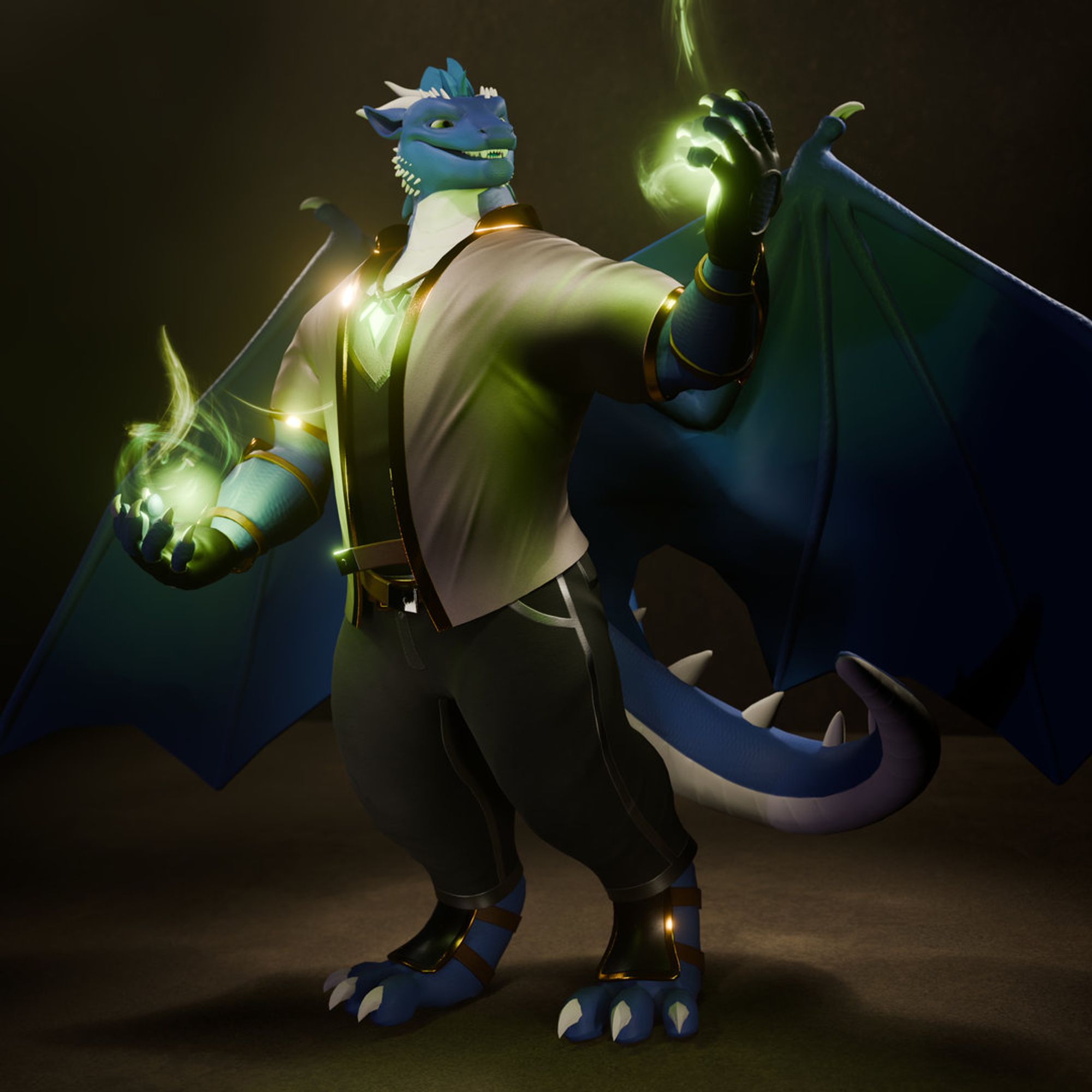 3D render of an anthropomorphic dragon with blue scales and white highlights, arms raised with bright green magic emanating from their hands. They are wearing black pants with silver edges, a loose silver jacket over a black undershirt, a necklace with three green glowing crystals, and steel bracers on their forearms and feet.