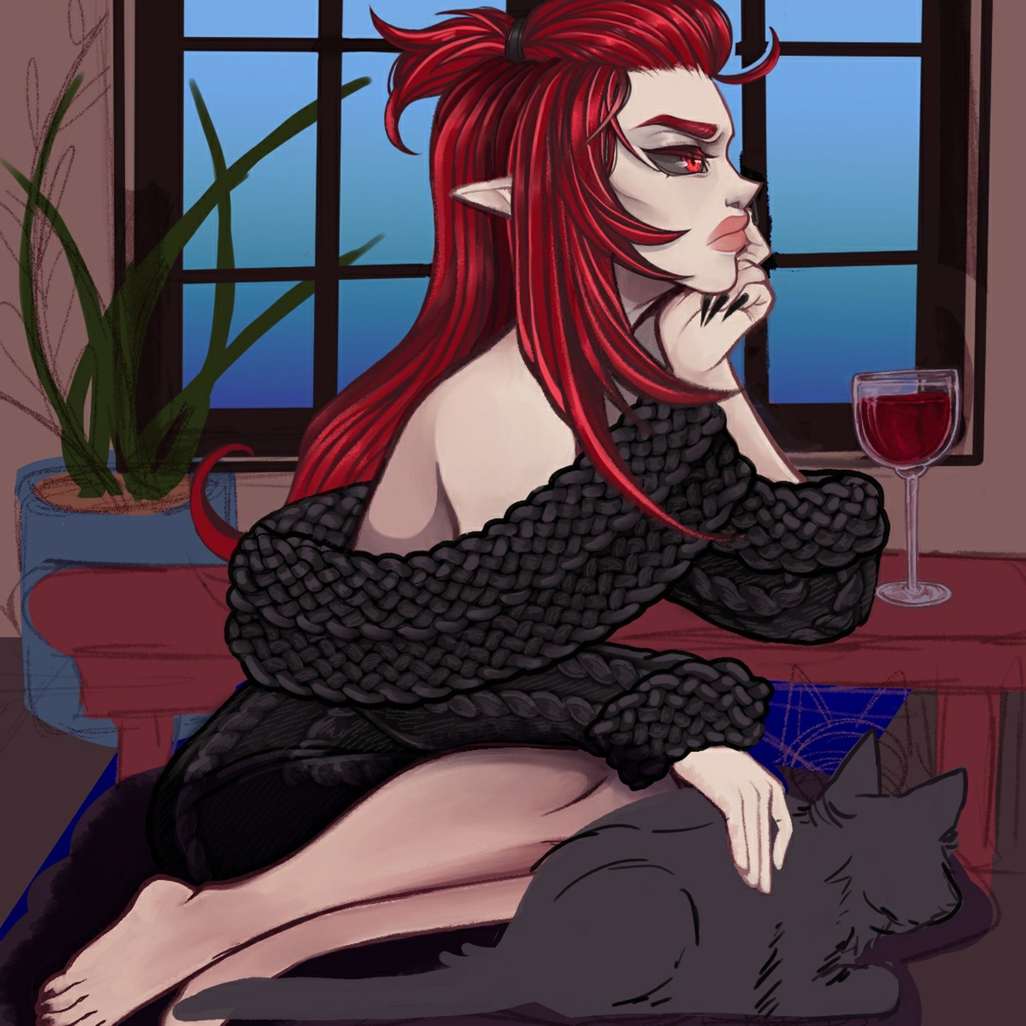 Wrenn devalsa, a red-haired woman with bright red eyes. She sits in a black sweater dress and pets a cat.