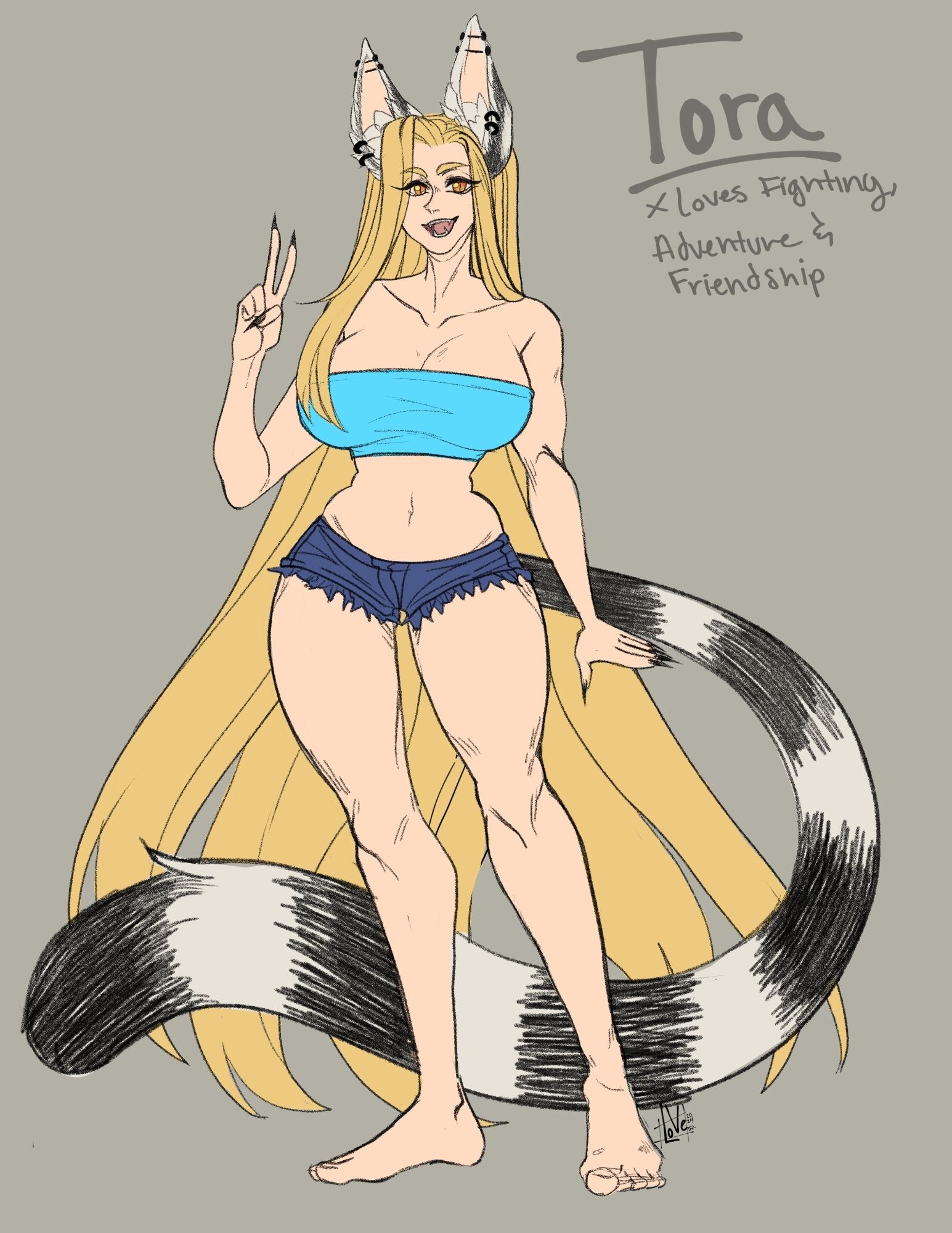 A 5'9 cat woman with floor-length blonde hair. The patterns on her ears somewhat resemble white tiger patterns. The text reads: Tora - loves fighting, adventure & friendship