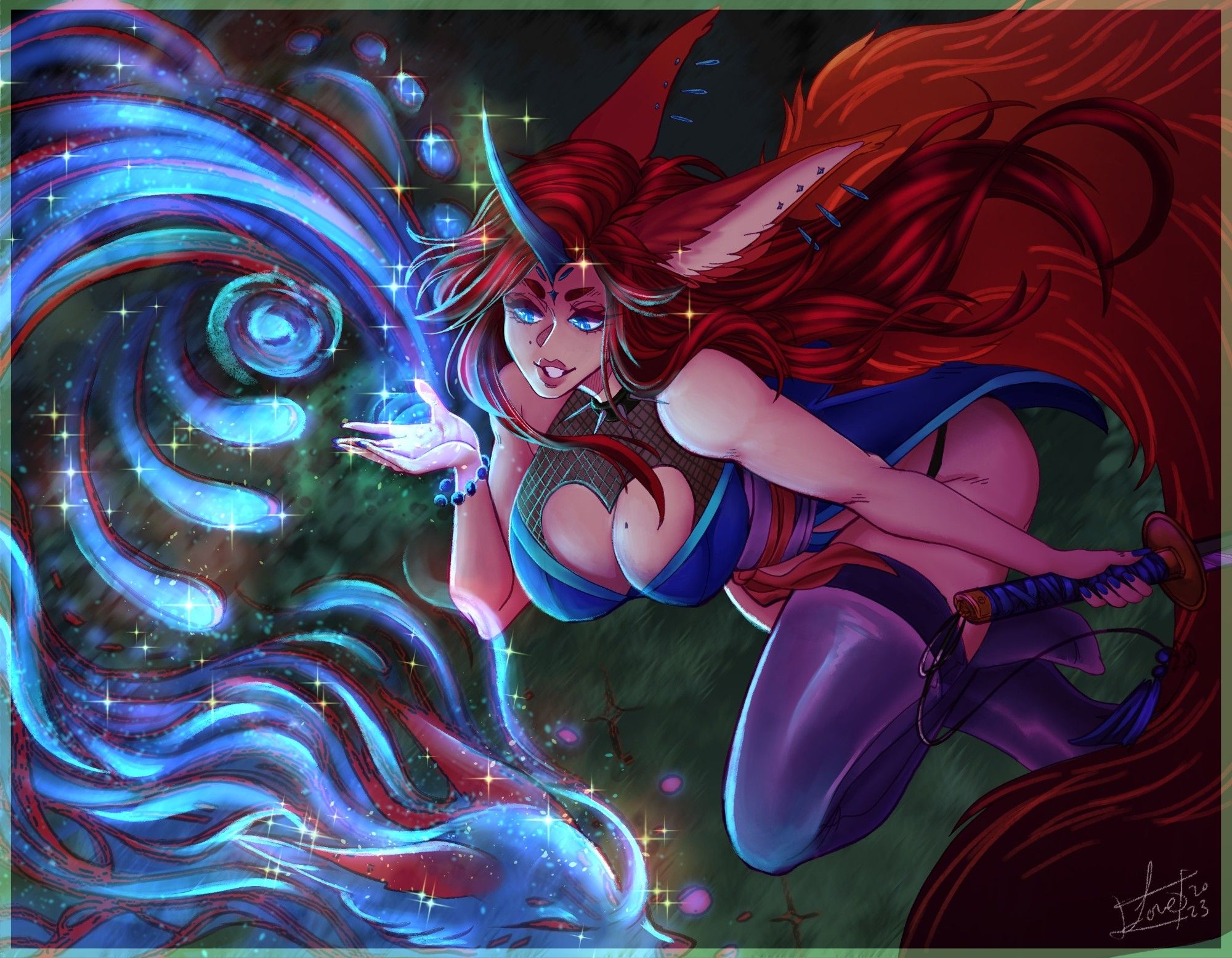 Soleia ravessand, a red-haired kitsune woman runs through the forest. Summoning an ethereal fox familiar from her hand as she dashes.