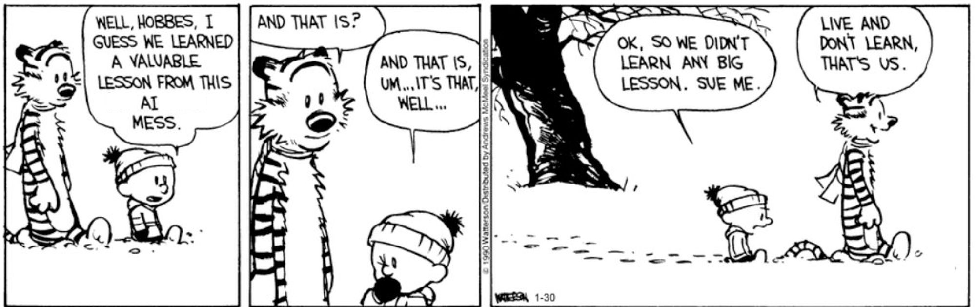 Edited Calvin and Hobbes comic. Calvin and Hobbes are walking through the snow
Calvin: "Well, Hobbes, I guess we learned a valuable lesson from this AI mess"
Hobbes: "And that is?"
Calvin: "And that is, um...it's that, well..."
Calvin: "OK, so we didn't learn any big lesson. Sue me."
Hobbes: "Lie and don't learn, that's us"