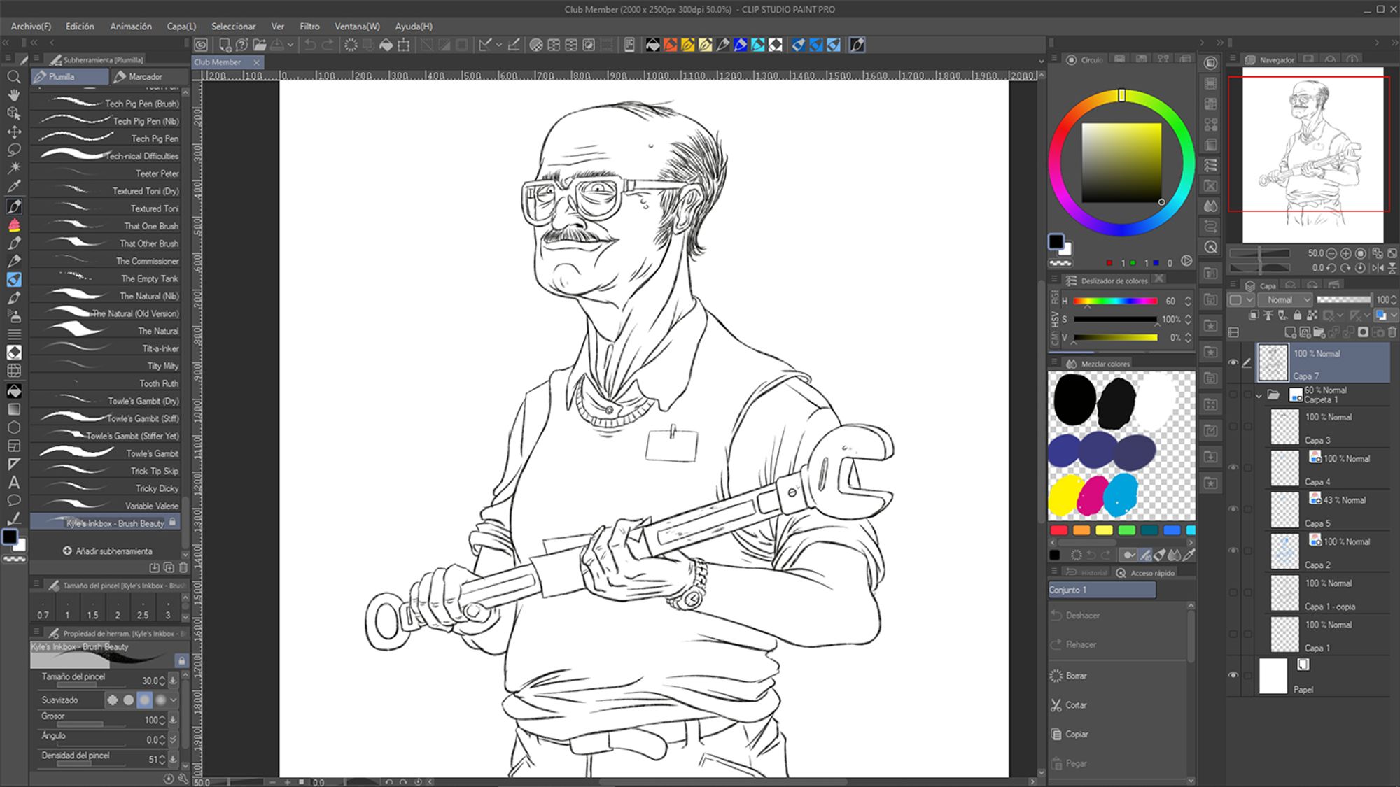 Screen capture of a drawing in Clip Studio Paint. A middle age balding man with glasses and baggy neck on a sleeveless sweater and shirt, holding a large wrench, cleaning it with a folded paper. He is looking at the viewer with a slight smile on his mustached face.