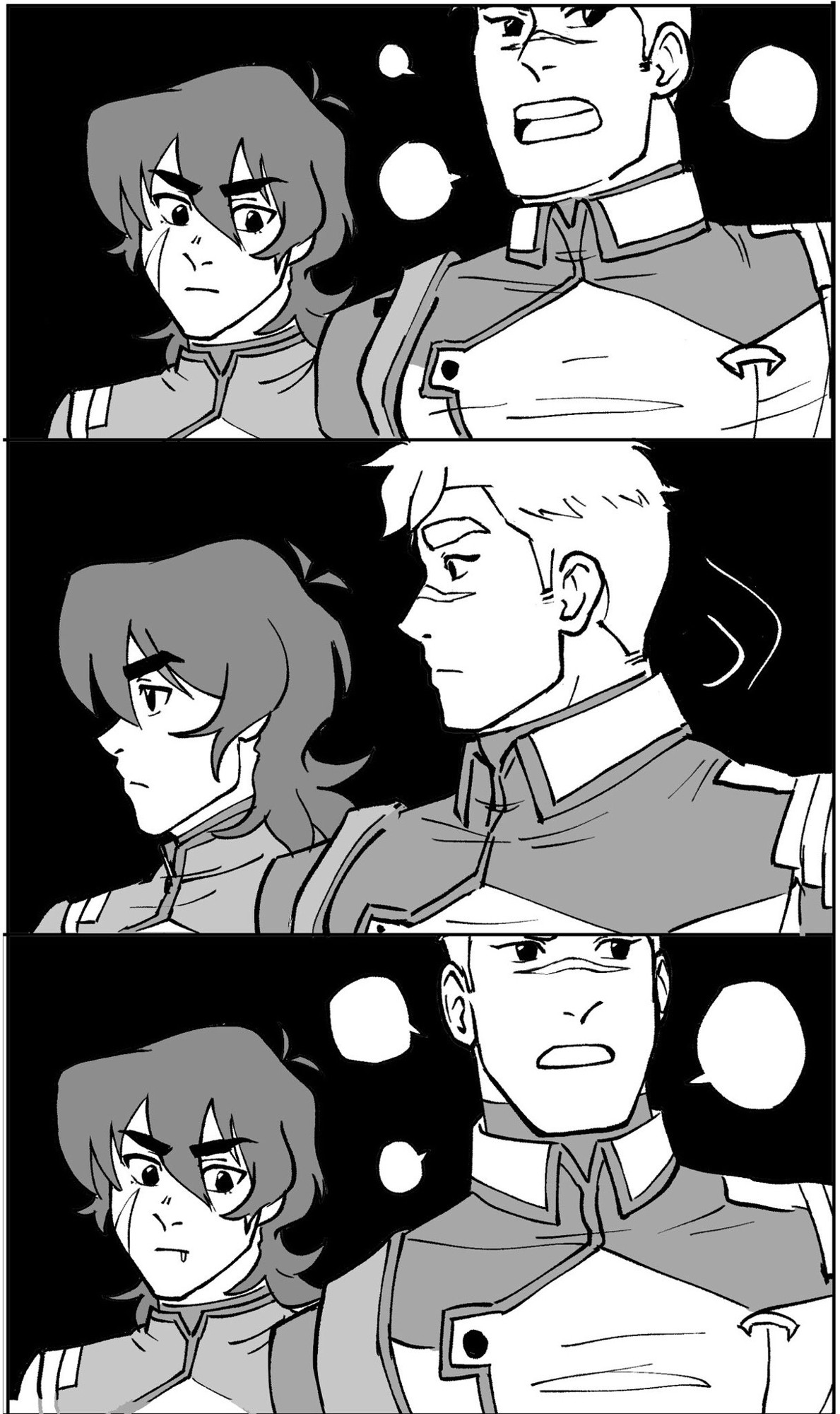 Keith stands just to Shiro’s left, staring down toward his chest. When Shiro looks, Keith is looking away, but when he turns his head back forward, Keith turns back to stare as well, drooling