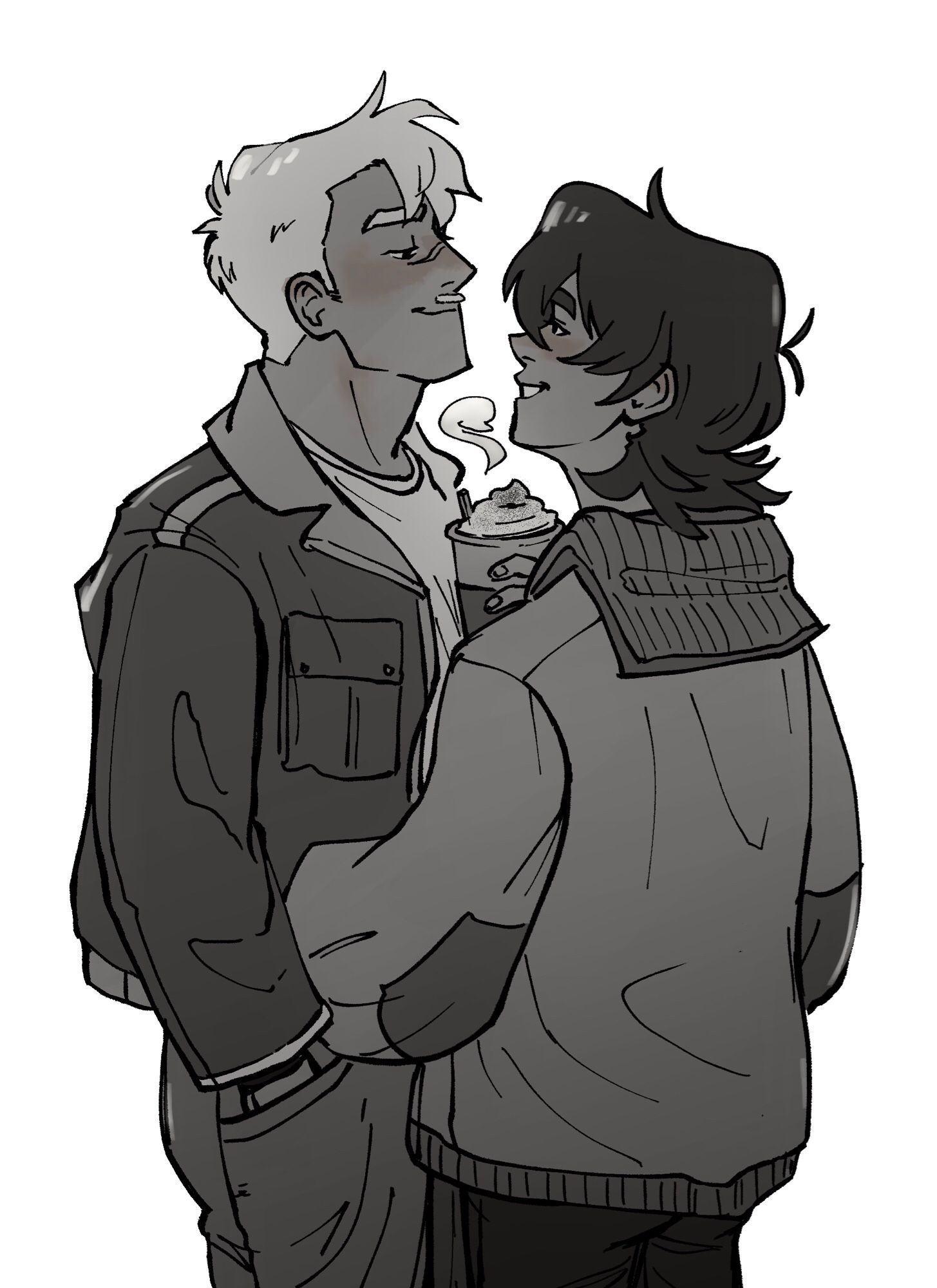 shiro and keith wearing heavy autumn coats as keith snorts at Shiro’s whipped cream mustache while they share a latte