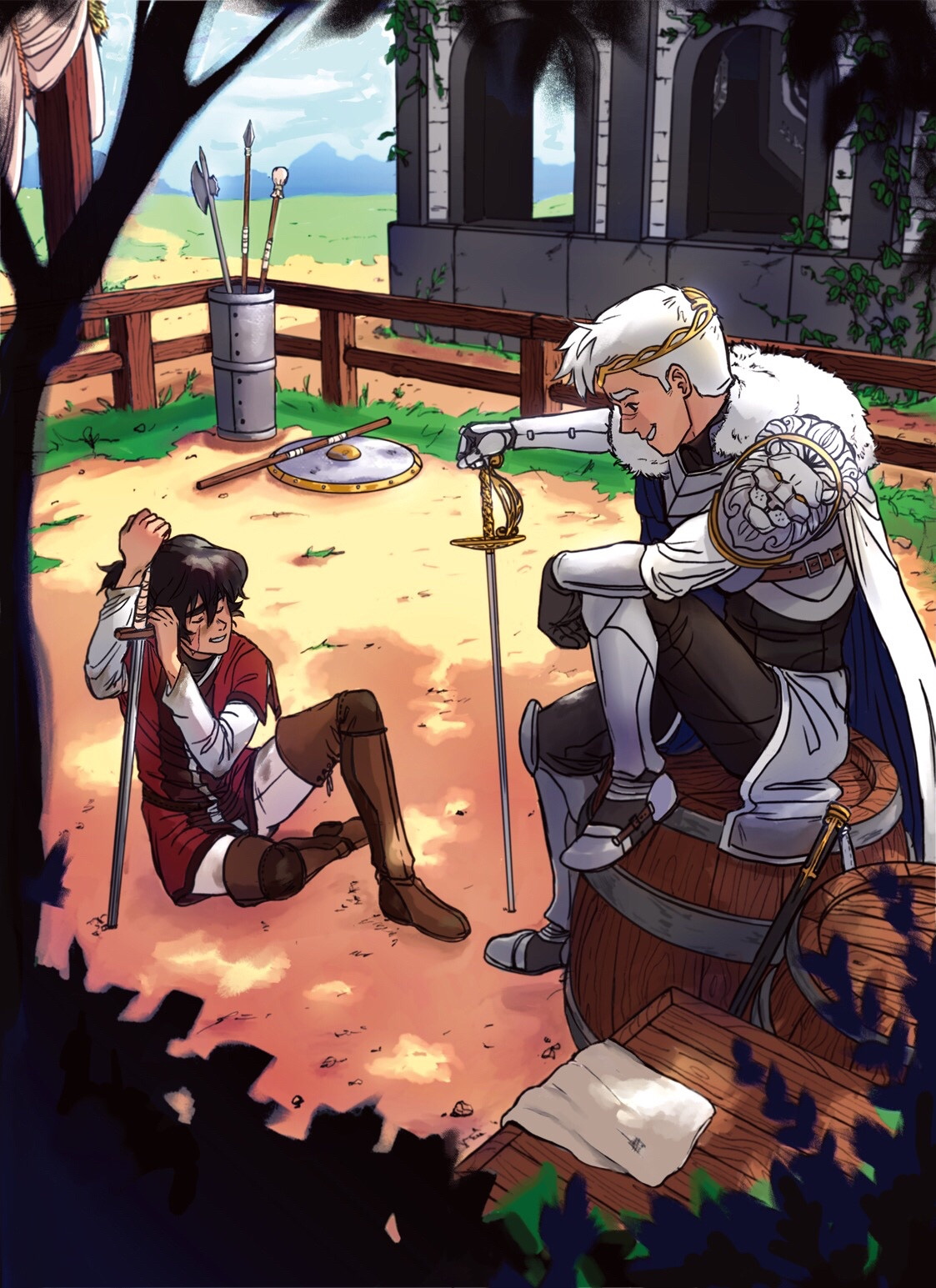 Shiro and Keith dressed in medieval clothing, sitting in a small fenced off training grounds as they chat. Keith is in a casual tunic with a plain iron sword, where Shiro is dressed with a crown and some armor, holding an ornate rapier.