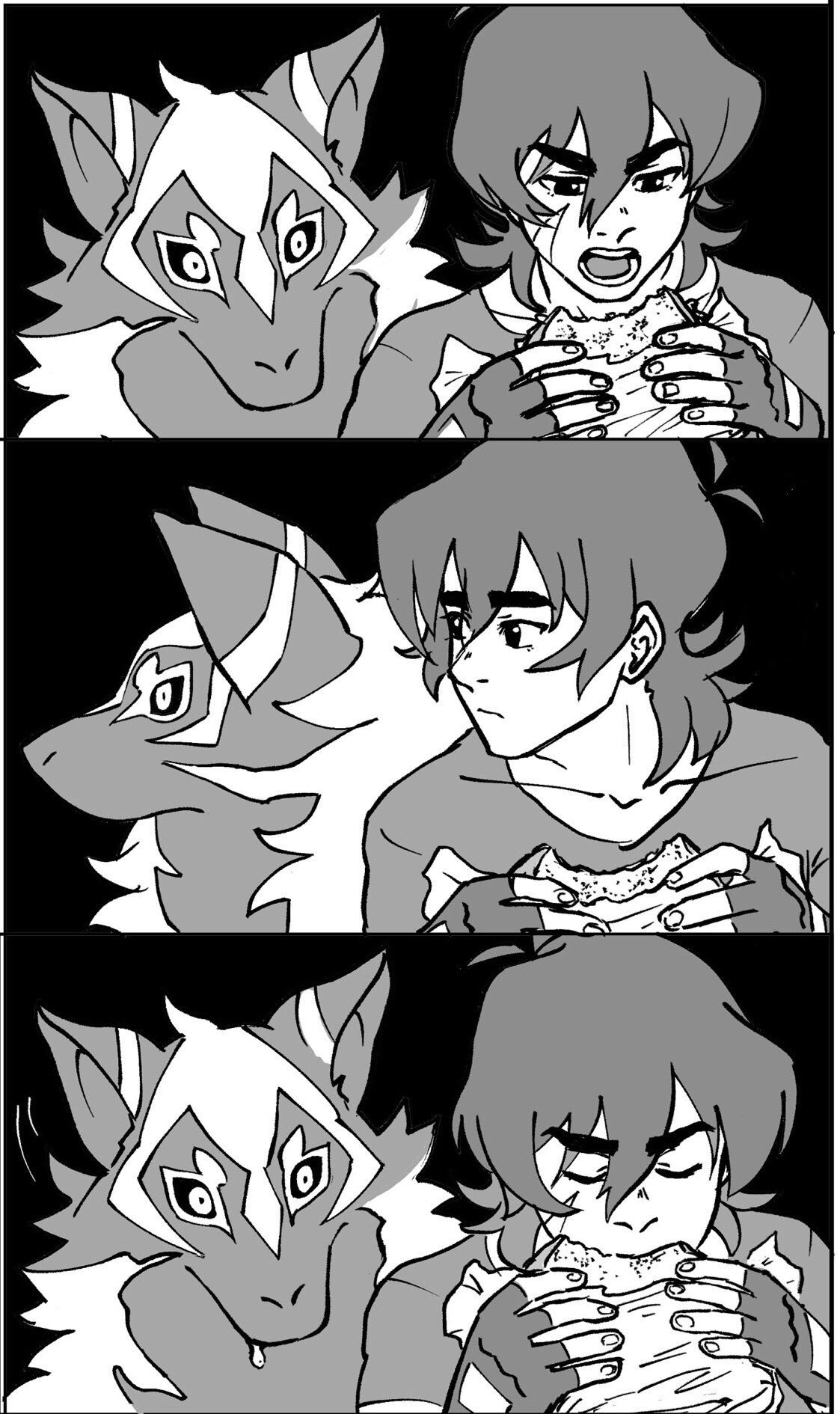 Keith is eating a sandwich while his cosmic wolf stands just to his left. When Keith looks, the wolf is looking away, but when Keith looks back to his food, the wolf is staring at it, drooling