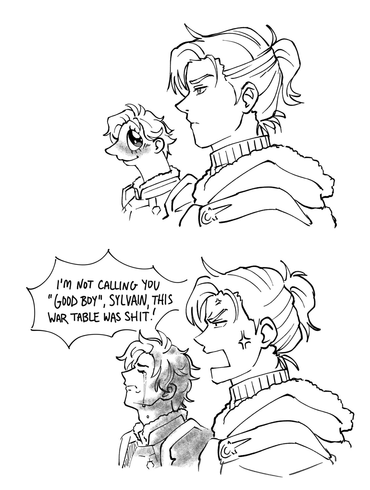 Sylvain giving Felix large puppy eyes just before Felix exclaims ‘I’m not calling you ‘good boy’ Sylvain, this war table was shit!’ to which a single tear rolls down Sylvain’s cheek.