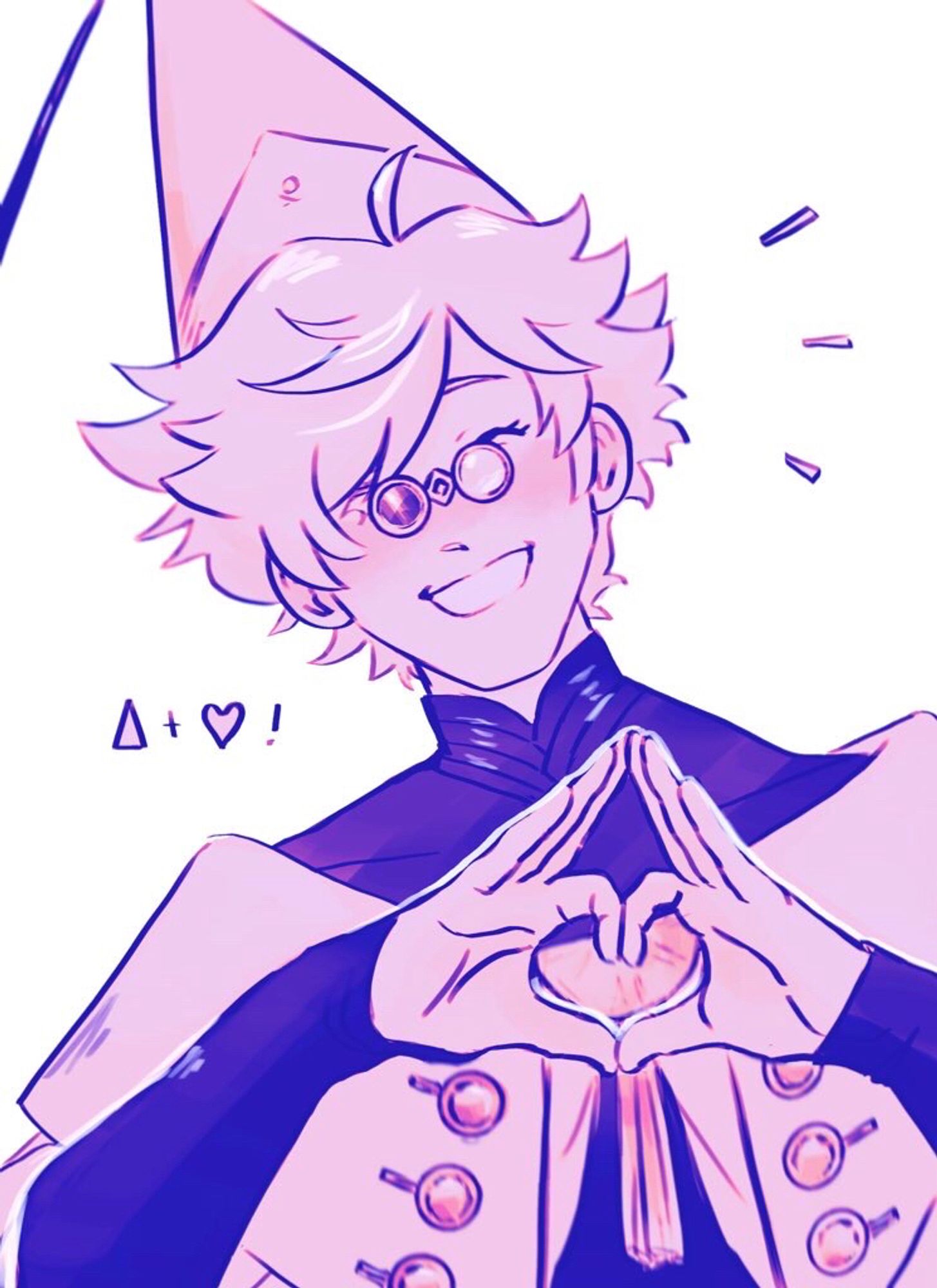 qifrey dressed in his witch cap and robes, making a heart symbol with his hands that looks like it also has a witch hat