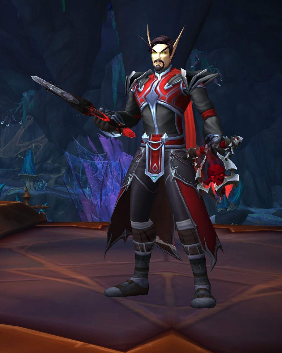 An elf in black and red cloth holding a dagger and red skull cradle