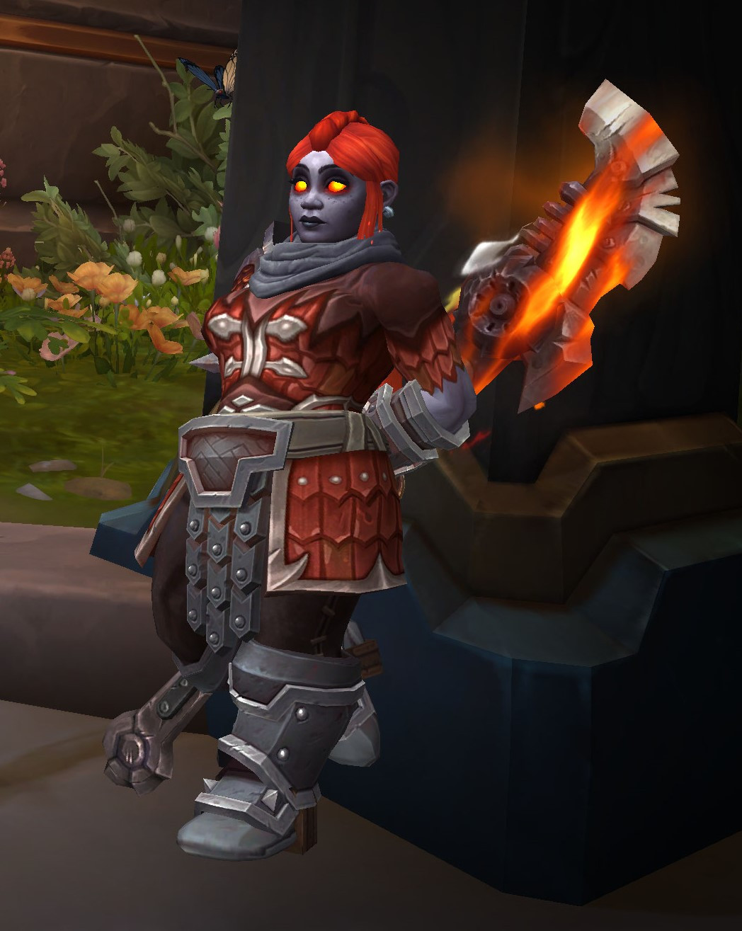 A Dark Iron Dwarf in red and grey armor leaning against a wall