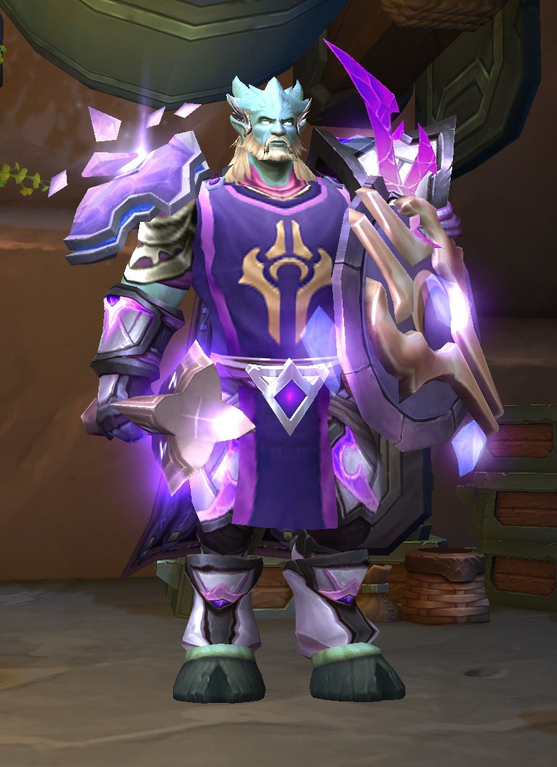 A Draenei paladin standing at attention in purple crystal armor with a crystal shield and hammer in hand