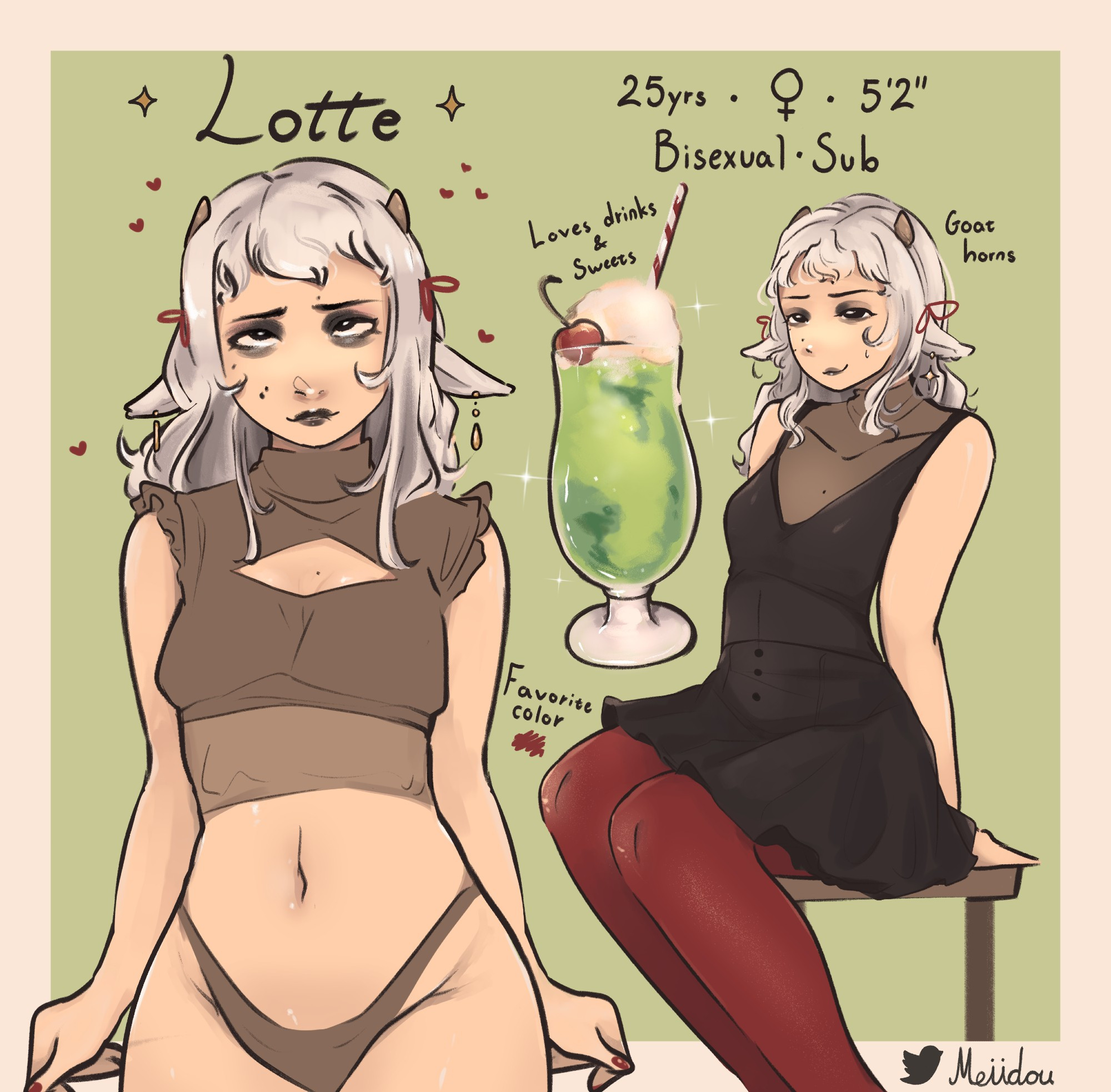 Illustration of a girl with white hair and goat ears.
Text:  Lotte, 25 years, woman, 5'2", Bisexual, Sub, Loves drinks & sweets, goat horns, favorite color: red