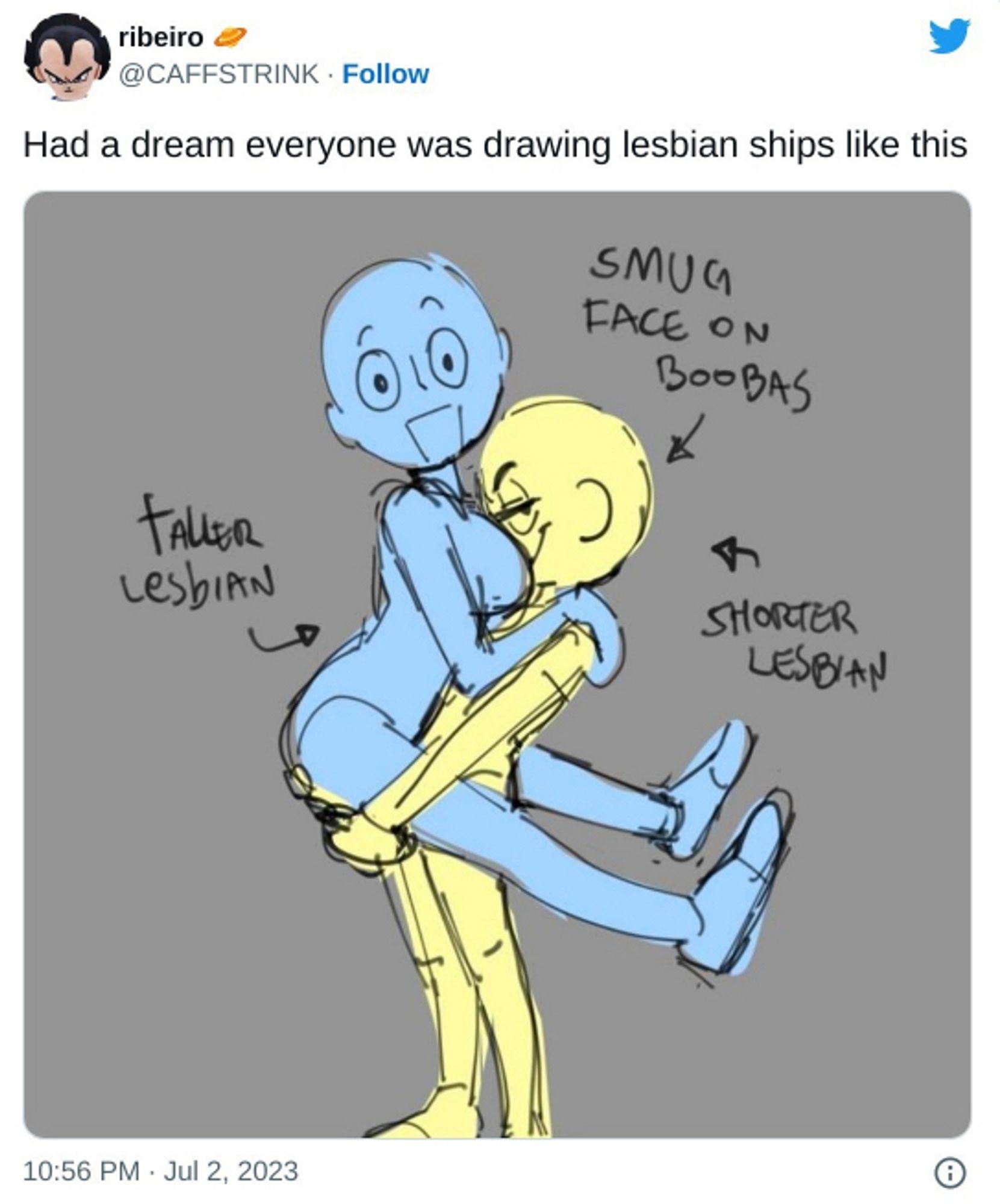 CAFFSTRINK on twitter:  I had a dream everyone was drawing lesbian ships like this:  Taller lesbian being lifted up by shorter lesbian, smug face on boobs