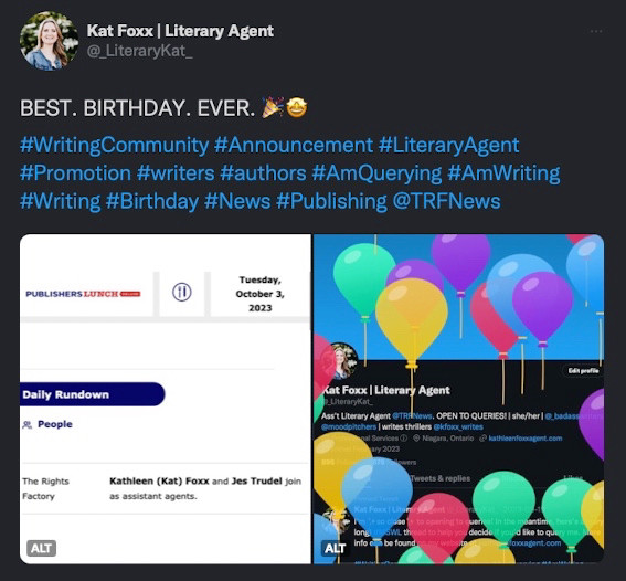 A screenshot from Kat’s Twitter profile showing birthday balloons and the previous PM announcement.